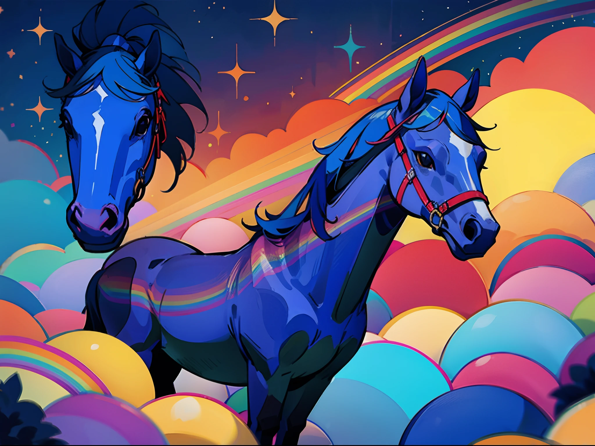 Two horses standing in a field of clouds with a rainbow in the background -  SeaArt AI