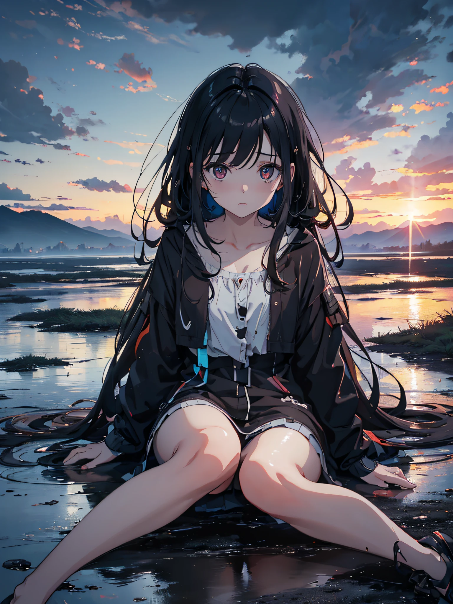 A beautiful girl with dirty skin, messy long hair, big eyes with dark circles, drugged, dilated pupils, destroyed clothes, sitting on the floor with puddles of water, broken walls, sky with dark rain clouds, {unity wallpaper Extremely detailed 8k CG}, expansive landscape photography, (a top view focusing on the character and the sky above), (wide open field view), (high angle shot), (high light: 1.3), ( low light: 1.8), (warm light source: 1.3), complex details, (iridescent colors: 1.6), (bright lighting), (atmospheric lighting), Sad, Surreal, dramatic