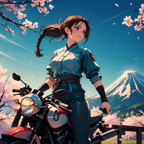 (30 year old american woman with samurai sword sitting on moto guzzi), (brown hair), attractive woman, (braided ponytail:1.4),  ...