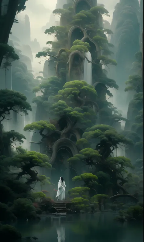 Painting in the style of oriental painting, In the style of matte painting, Layered and atmospheric landscape, Rich and immersive, quiet contemplation, Dark white and green, History painting, Inspired by Zen, The grandeur of the scales
Very detailed, Dyna...