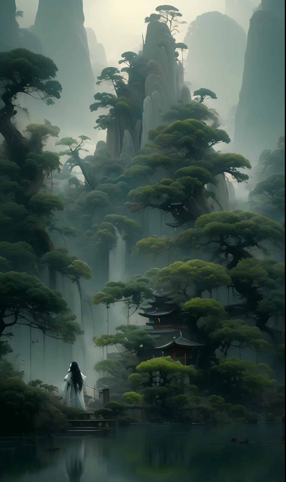 Painting in the style of oriental painting, In the style of matte painting, Layered and atmospheric landscape, Rich and immersive, quiet contemplation, Dark white and green, History painting, Inspired by Zen, The grandeur of the scales
Very detailed, Dynamic, Cinematic, Stunning, Realistic lighting and shading, Vivid, Vibrant, 8K,Octane Render, Unreal Engine, Very detailed, Concept art, Realistic, Cryengine, Wide Shot
One girl has very long hair white hair(Upper body:1.0)