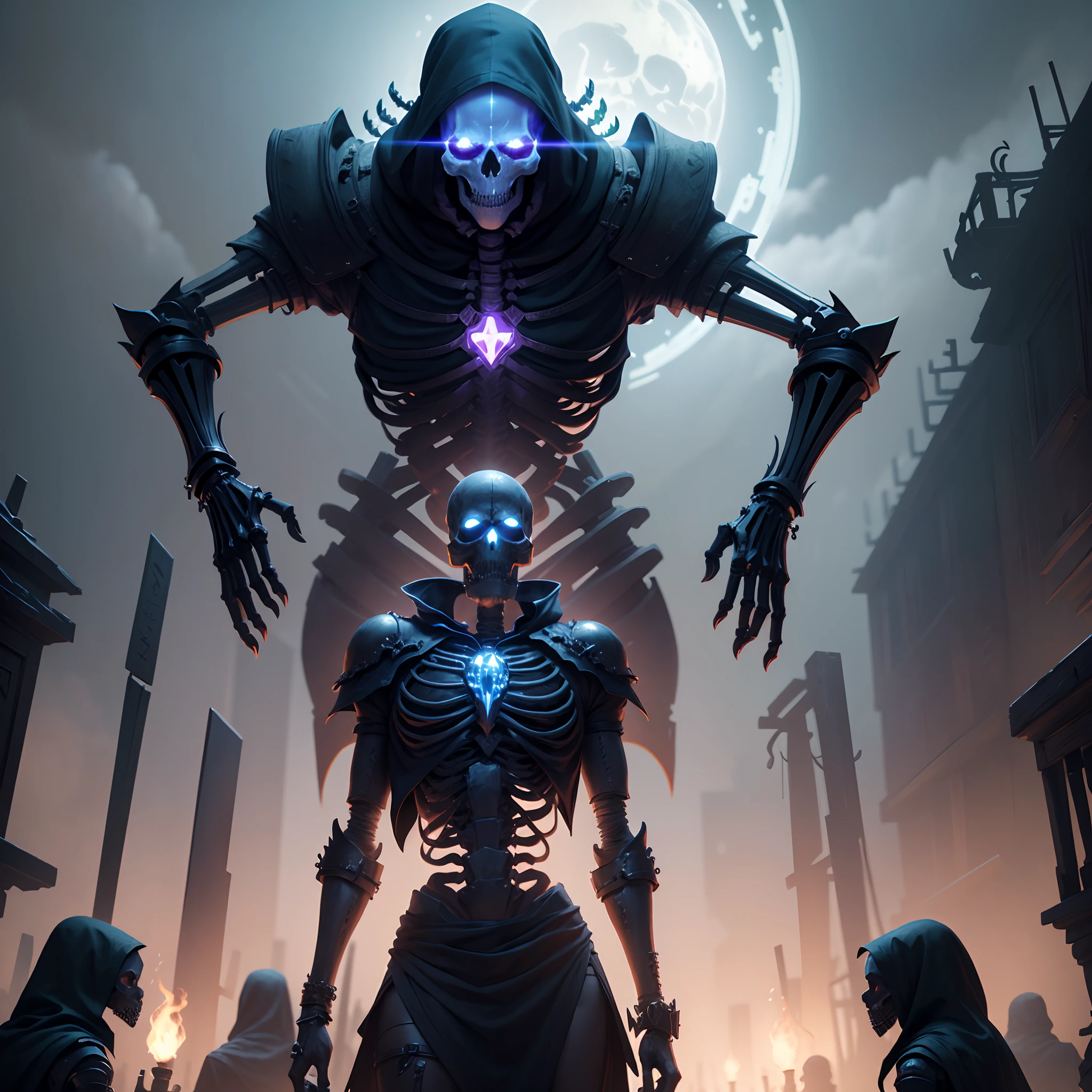 A Necromancer in a technological world and with a lot of magic with skeleton servants wearing ragnarok armor and a village for them to base themselves on,4k,black magic, Rituals