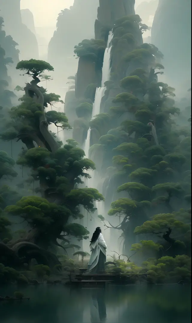 Painting in the style of oriental painting, In the style of matte painting, Layered and atmospheric landscape, Rich and immersive, quiet contemplation, Dark white and green, History painting, Inspired by Zen, The grandeur of the scales
Very detailed, Dyna...