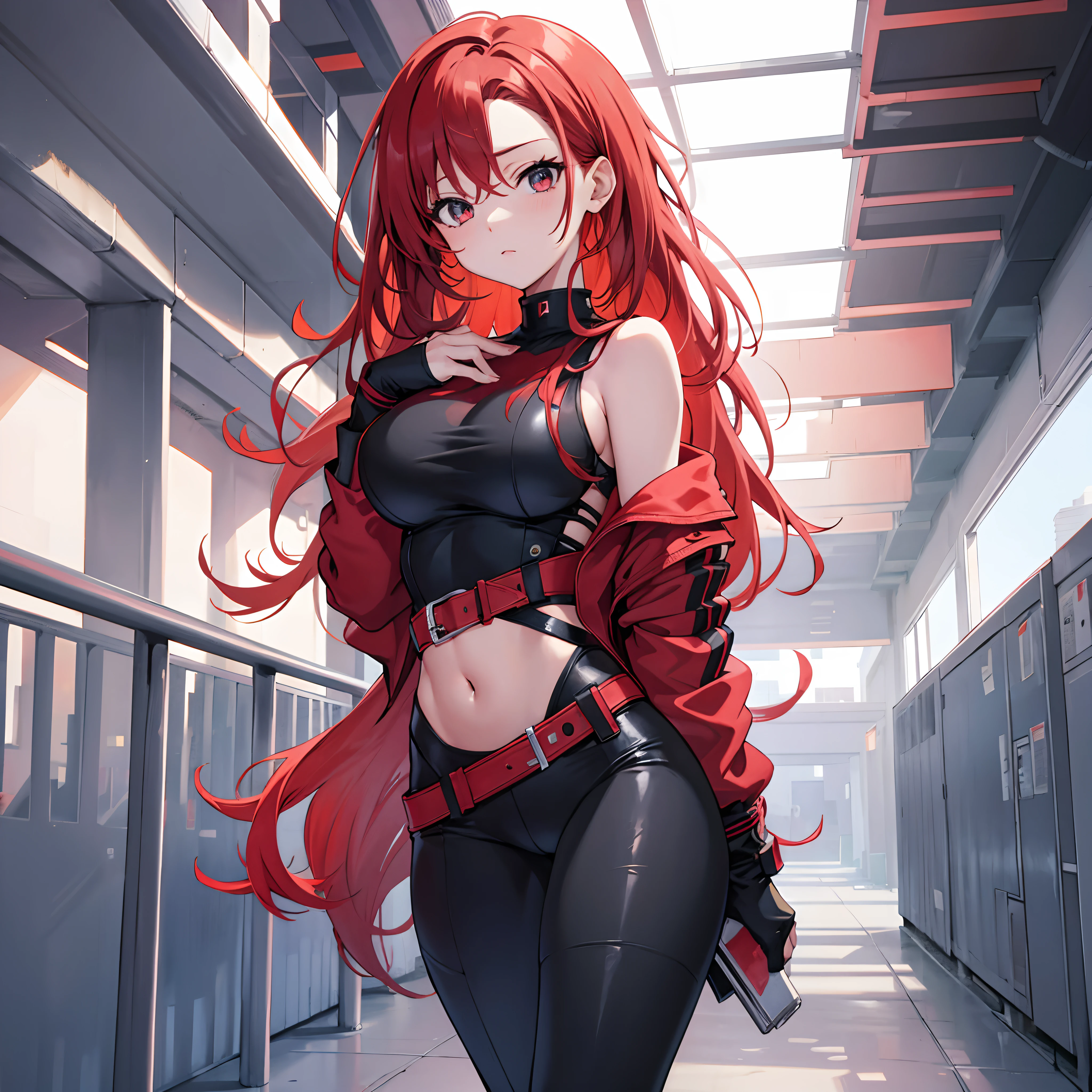 anime girl, red hair, stylish, fashion, full body shot, scenery, tight clothes, large breasts