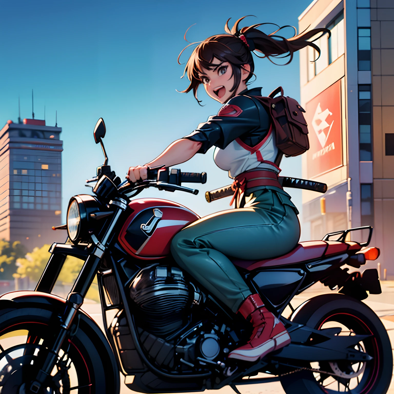 (30 year old American woman riding moto guzzi through city), brown hair, riding through city corner, (braided ponytail) , ((striking hazel eyes)), (dynamic pose:1.21), ((Akira pose)), sliding on motorcycle, (((carrying samurai katana))), sword on bike, ((moto guzzi)), action scene, (epic), ((excited face)), Masterpiece, best quality, highres, detailed, realistic, 1girl, cinematic lighting, wide shot, 8k wallpaper