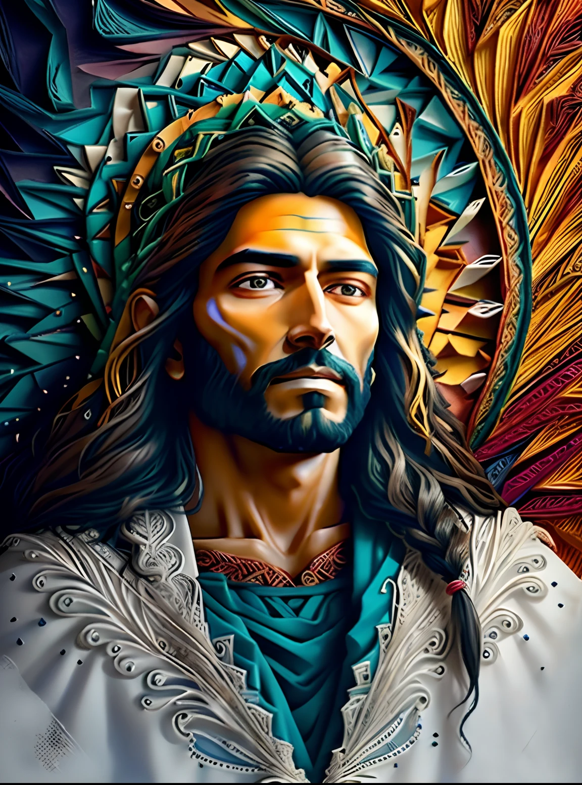 psychedelic art A portrait of イエス Christ with a cheerful and welcoming facial expression, 多次元クイリング紙, 多次元幾何学壁ポートレート, アヤワスカアート, 美しい, 着色, 主な作品, より良い品質, より良い品質, 公式アート, 美しく、審美的,((8K超リアル)) イエスは世の光であられる, (((イエス Cristo))), イエス, Tron legado イエス Cristo, rosto de イエス, ナザレのイエス, 主であり救い主, Tron legado イエス, イエス Cristo.