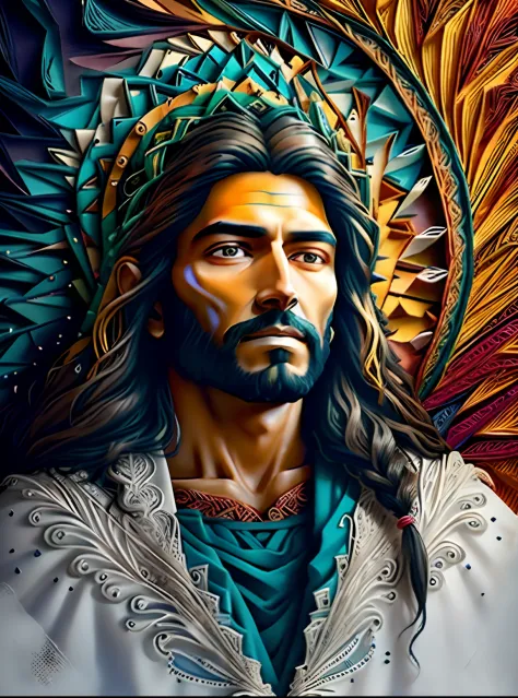 psychedelic art A portrait of Jesus Christ with a cheerful and welcoming facial expression, papel multi dimensional quilling, mu...