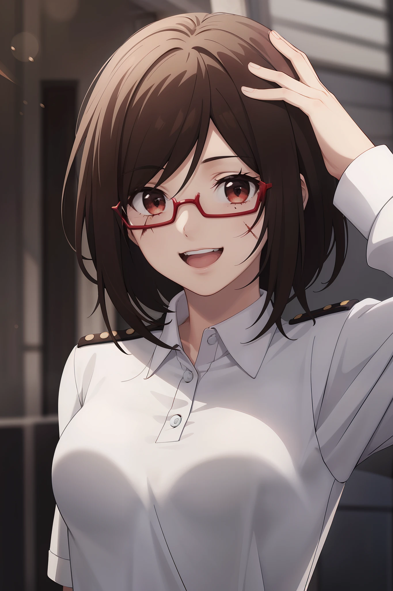 1girl, masterpiece, high quality, best quality, good anime picture, misaki, ((military uniform)), ((polo shirt)), glasses, ((scar on face)), hair ornament, upper body, medium breasts, dynamic light and shadows, smile, open mouth, (red hijab:1.1)