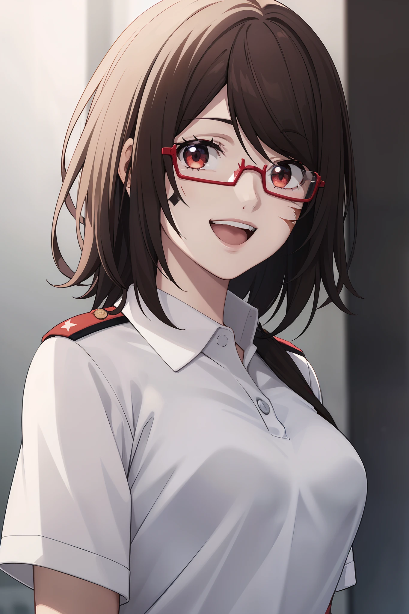 1fille, chef-d&#39;œuvre, Haute qualité, Meilleure qualité, bonne photo d&#39;anime, Misaki, ((uniforme militaire)), ((chemise polo)), Lunettes, ((cicatrice sur le visage)), ornement de cheveux, Haut du corps, seins moyens, lumière et ombres dynamiques, sourire, bouche ouverte, (hijab rouge:1.1)