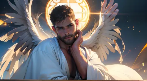 Man with large wings of white feathers on the back, praying, large wings, Jamie Dornan, eyes of light, wearing short black beard...