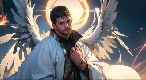 Man with large wings of white feathers on the back, praying, large wings, Jamie Dornan, eyes of light, wearing short black beard...