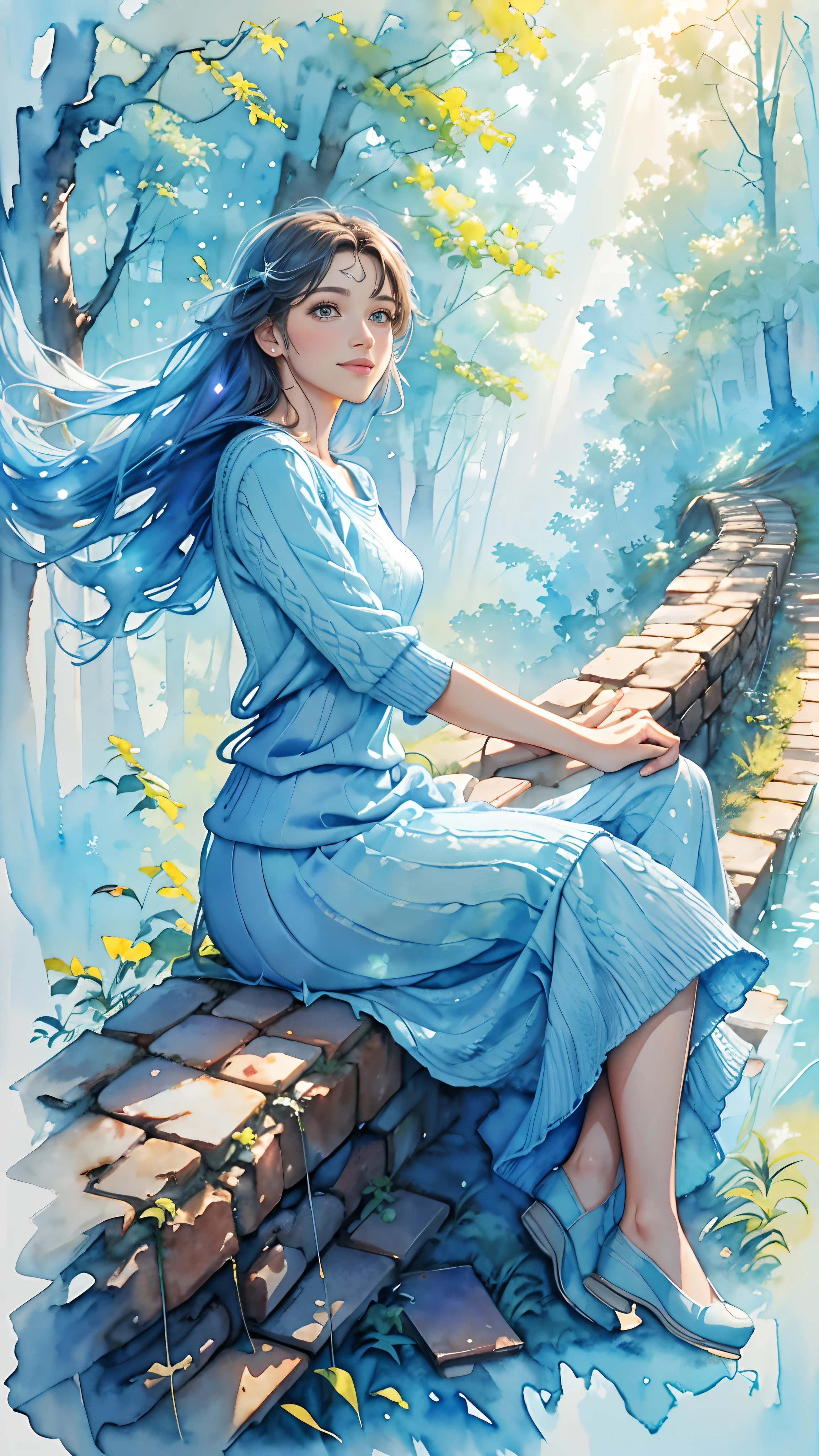 8K,​masterpiece,top-quality, (From the top:1.6) ,(close up:1.1),Dynamic Pose,Sitting on a brick in the forest,Beautiful woman at 30 years old,Portrait, light, Long hair, A smile, watercolor paiting \(Medium\),watercolor paiting,(Plain short-sleeved light blue knit dress that adheres to the body:1.3)