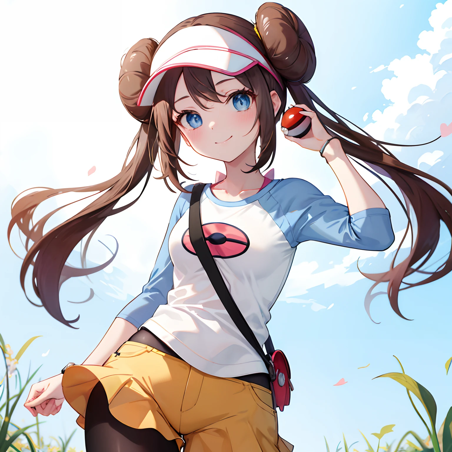 masterpiece, best quality, highres, ro1, hair bun, blue eyes, twintails, visor cap, pantyhose, raglan sleeves, yellow shorts, shirt, pink bow, wristwatch, standing, cowboy shot, field, poke ball \(basic\), smile