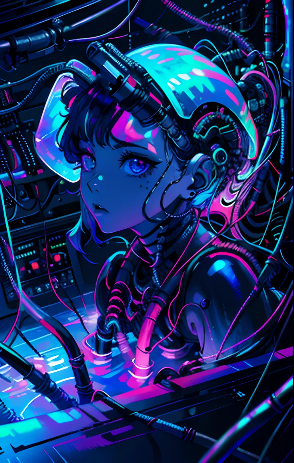 lucy \(cyberpunk\), 1girl, ice, ice cubes, cyborg, (robot joints:0.5) ,(iridescent PVC:1.4), neon palette, (red eyeliner), science fiction, short hair, solo, indoors, bathtub, cables, night, submerged in water, dark room, close up, 8k, ultra sharp, ((mechanical parts)),(((wires and cables connecting to head))), cyberpunk edgerunners,hnsrdlf style,