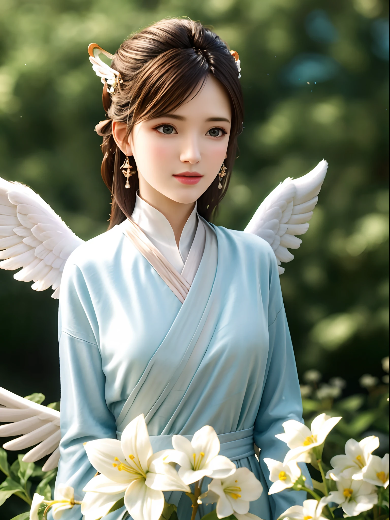 best quality,ultra-detailed,angel,beautiful detailed eyes,detailed lips,ethereal wings,heavenly light,soft glow,shimmering halo,garden backdrop,pastel colors,surreal,fantasy,serene,angelic,divine,hopeful,vibrant flora,gentle breeze,angelic figure,peaceful setting,graceful posture,sunlit atmosphere,transcendent,airy atmosphere,harmony,serenity,nude,ultra-realistic,photorealistic,realistic big breasts,