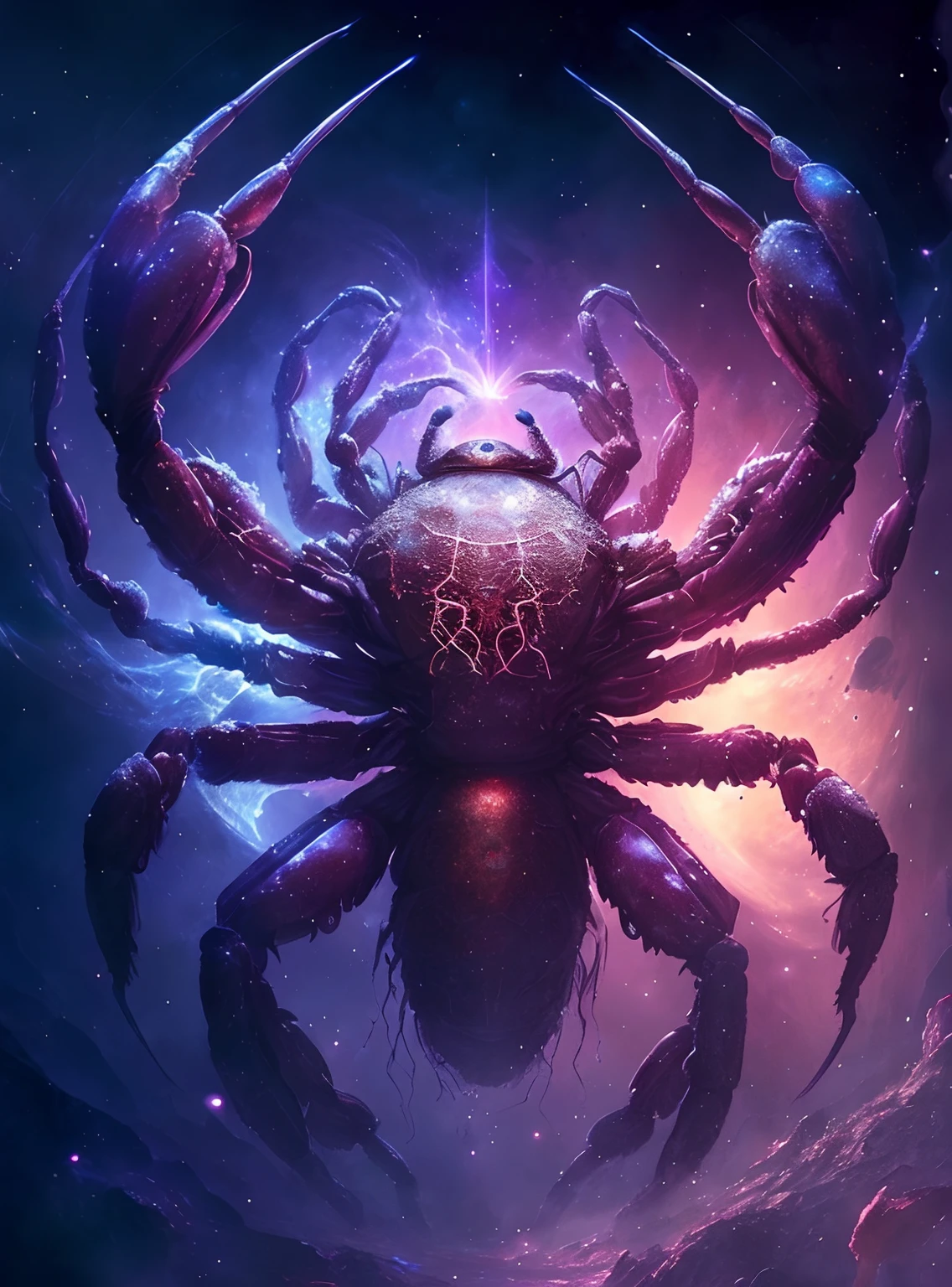 There is a large spider in the middle of the space, amazing space creature 4 k, epic fantasy sci fi illustration, cosmic horror concept art, crabs，Cancer，Cancer in space