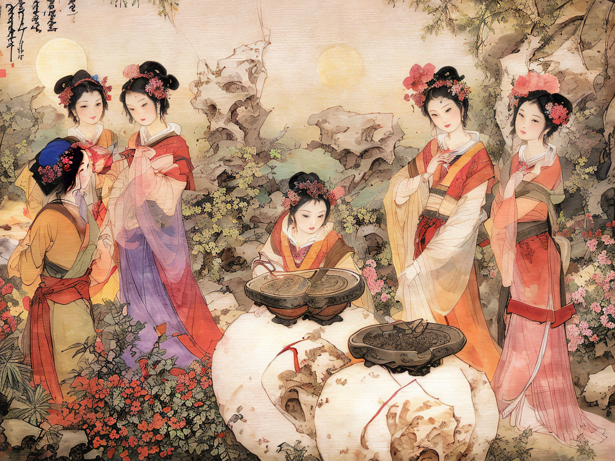 Masterpiece, Best quality,(full bodyesbian:1.3), Solo,chinese paintings,Beautiful face and eyes details of Chinese girl, Perfect skin,make happy expressions,The sisters make wine together,clean color,Low-saturation colors,Colors of low brightness,rich details​,Ancient Chinese Ming dynasty style,Quiet and elegant atmosphere,The red tone is the keynote,Pure,light make-up,Jade jewelry,hair adornments,moon full,Colorful,sharp and clear focus,instagram most viewed, Concept artist, Depth of field,flower,Bush