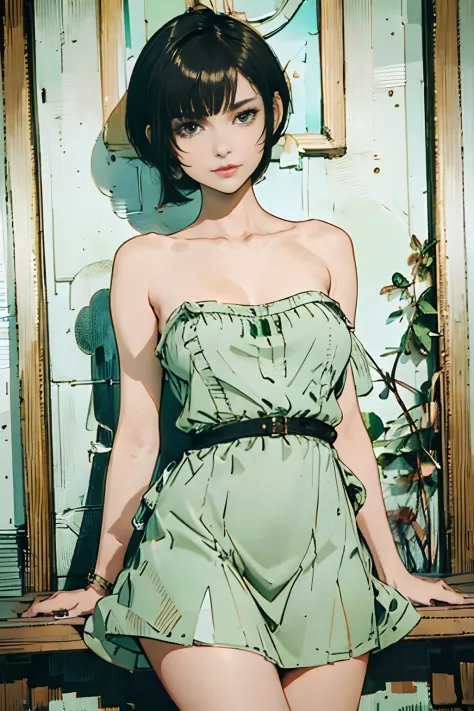 ((best quality)) ((masterpiece)) 27 year old adult woman, black hair, pixie bob haircut, flirty smirk ((( light green maid dress...