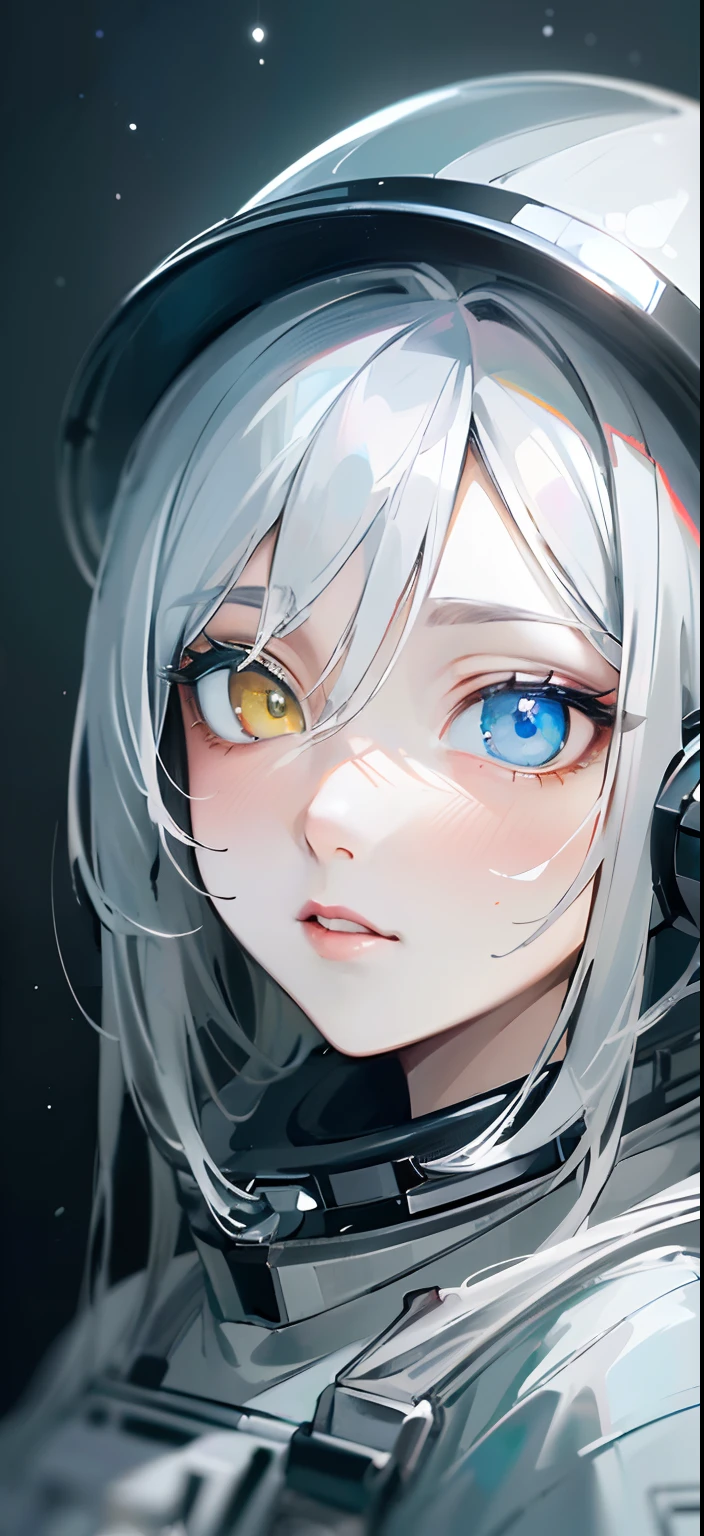 (A better quality masterpiece in close-ups:1.5)0.9], (Space and astronauts:1.2) (Messy silver hair:1.1) (Yellow eyes，Heterochromia and blue eyes:1.2) (Space helmet:1.0) (Colored stars in the eyes:1.0) (radiant light:1.1) (large lips:0.9)