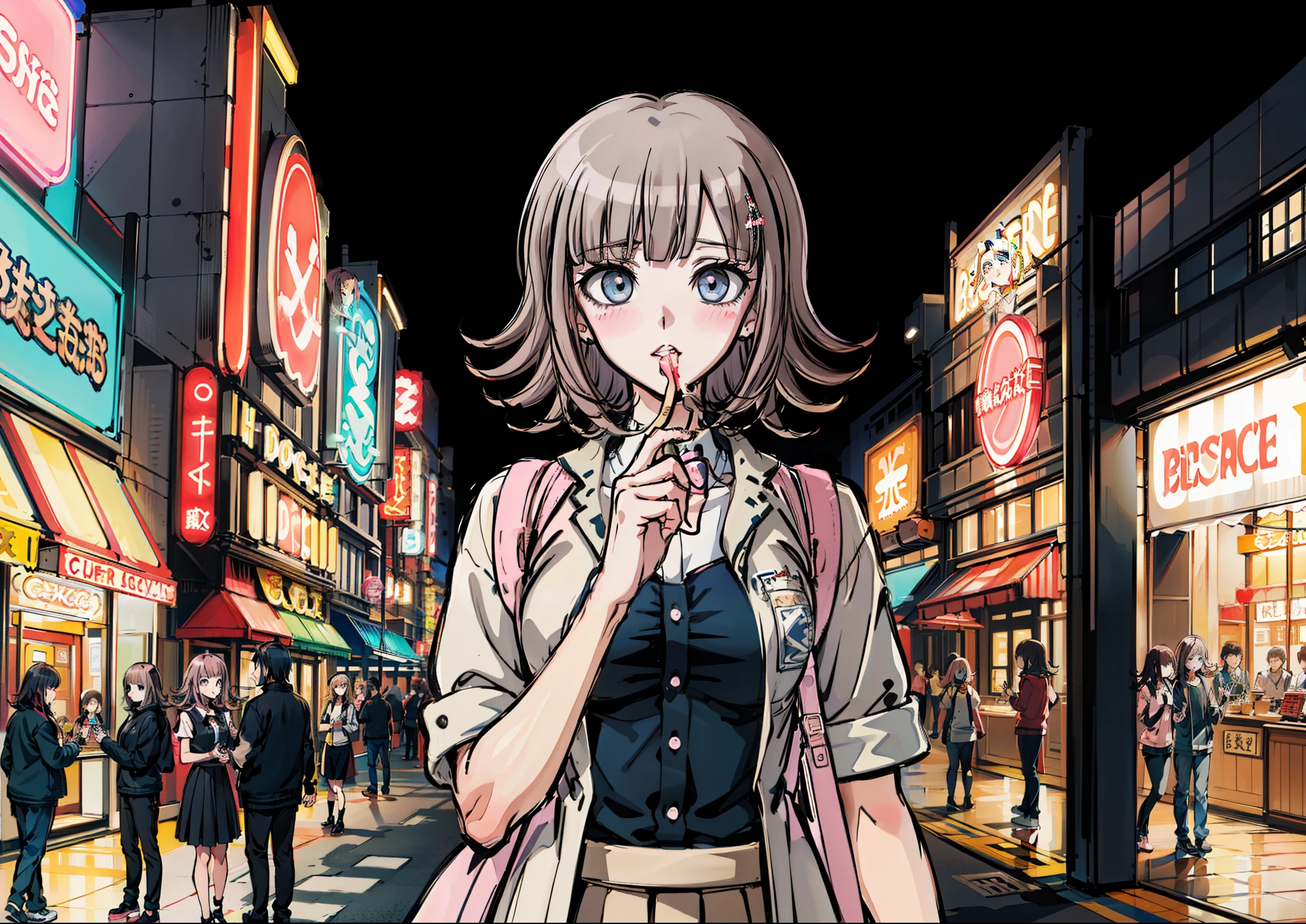 Chiaki Nanami isst Lutscher, Vergnügungspark Hintergrund, wenig erröten, (Tischplatte, beste Qualität)、a blond、blaue Augen