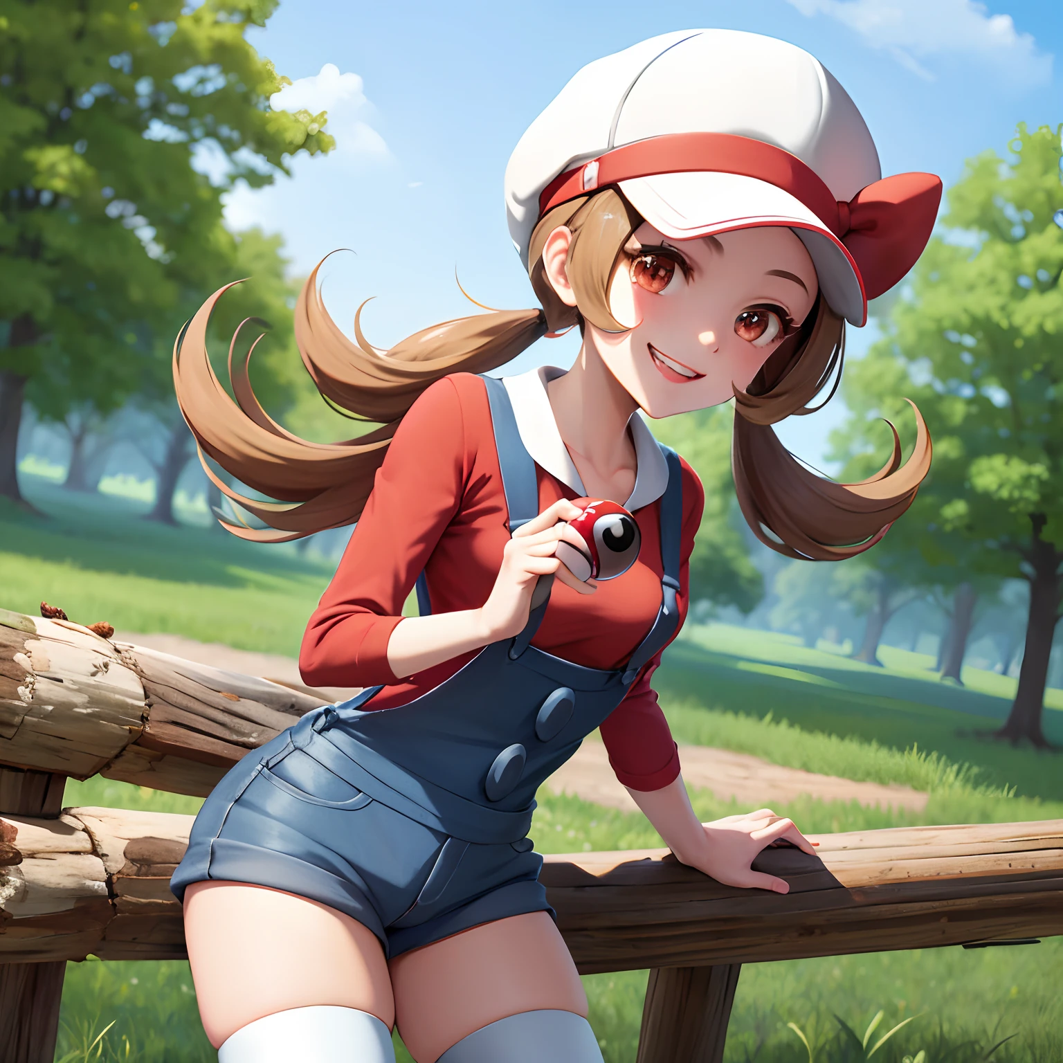 masterpiece, best quality, highres, ly01, overalls, white thighhighs, red bow, red shirt, white headwear, hat bow, eyelashes, cowboy shot, outdoors, smile, holding poke ball, poke ball,