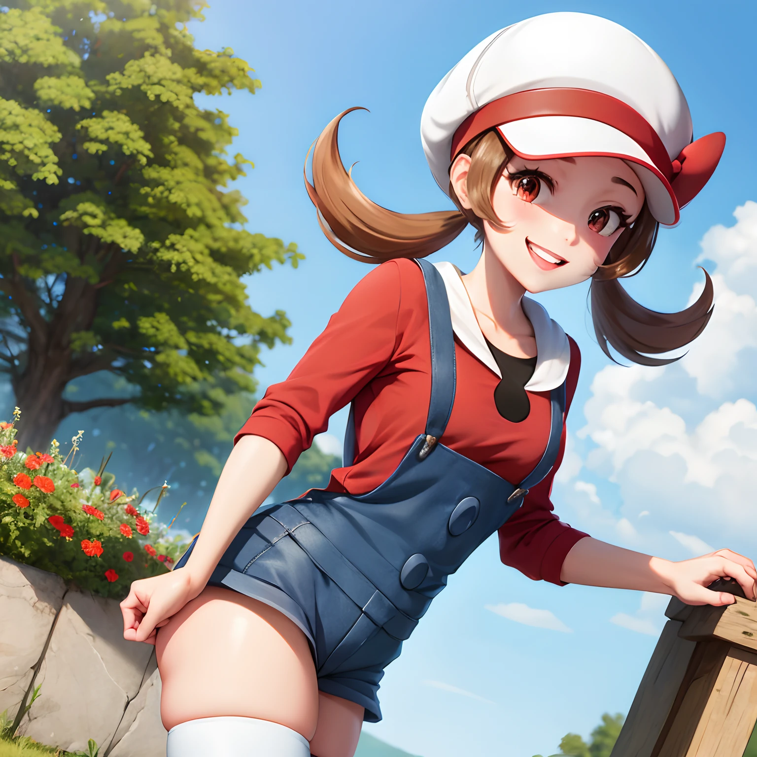 masterpiece, best quality, highres, ly01, overalls, white thighhighs, red bow, red shirt, white headwear, hat bow, eyelashes, cowboy shot, outdoors, smile, holding poke ball, poke ball,