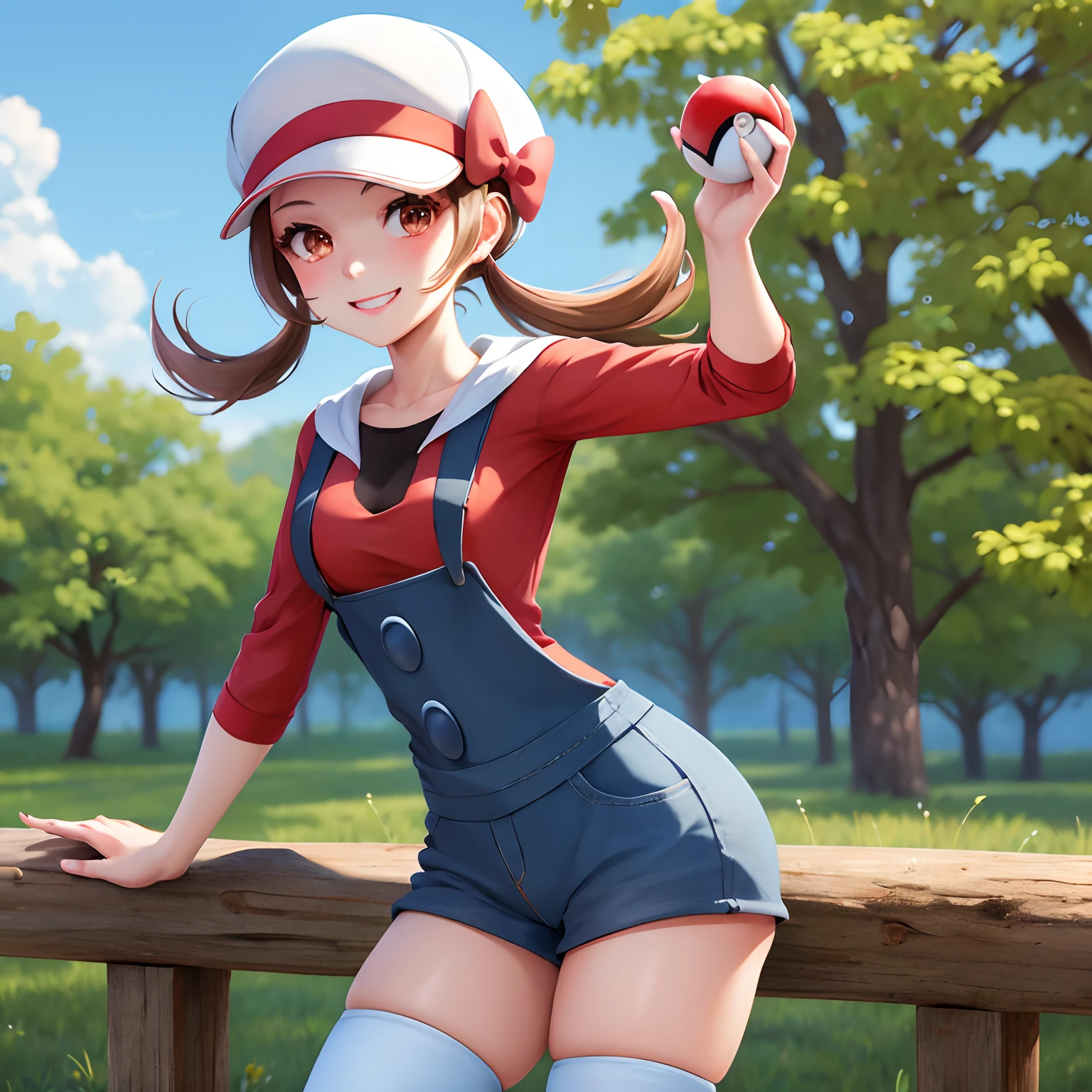 masterpiece, best quality, highres, ly01, overalls, white thighhighs, red bow, red shirt, white headwear, hat bow, eyelashes, cowboy shot, outdoors, smile, holding poke ball, poke ball,