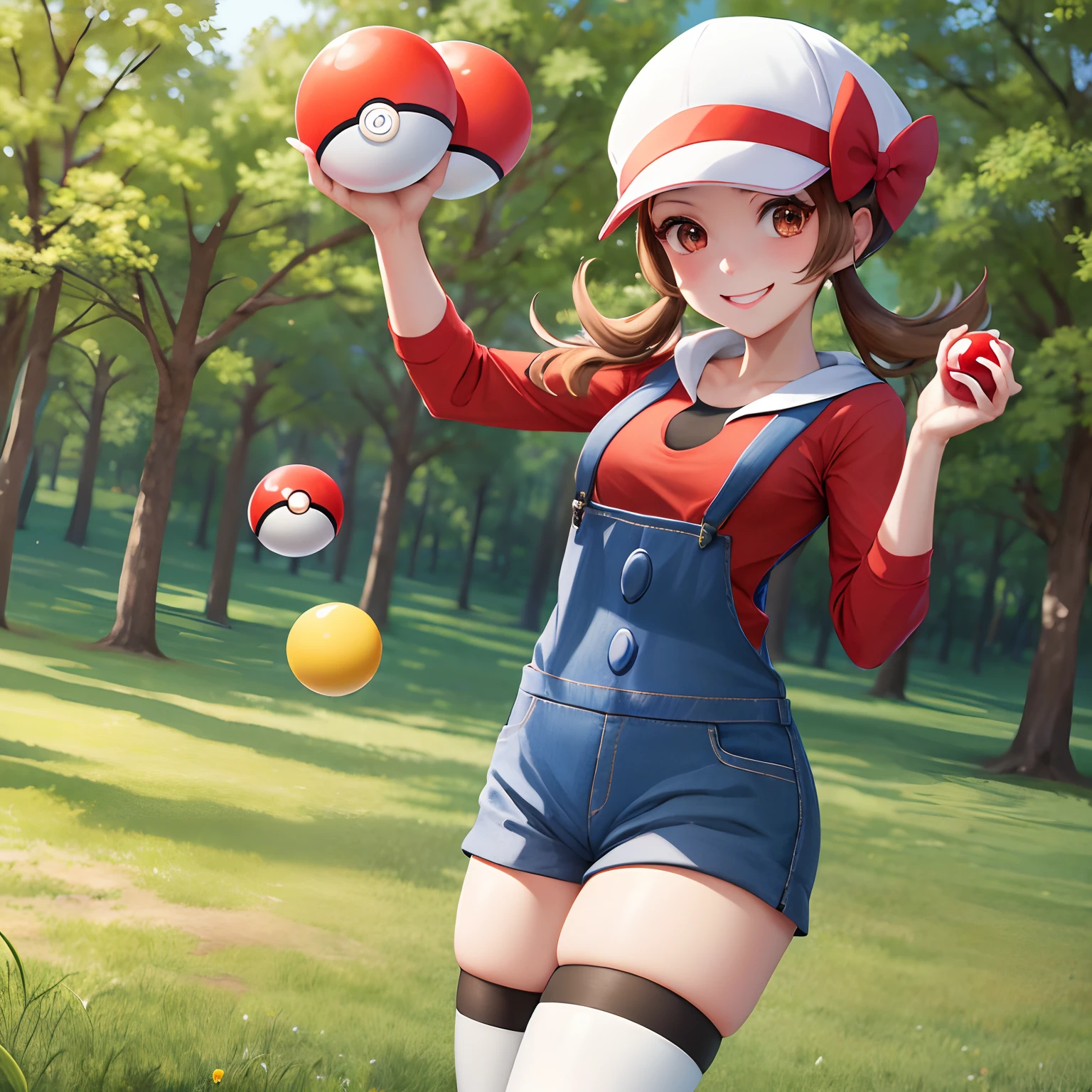 masterpiece, best quality, highres, ly01, overalls, white thighhighs, red bow, red shirt, white headwear, hat bow, eyelashes, cowboy shot, outdoors, smile, holding poke ball, poke ball,