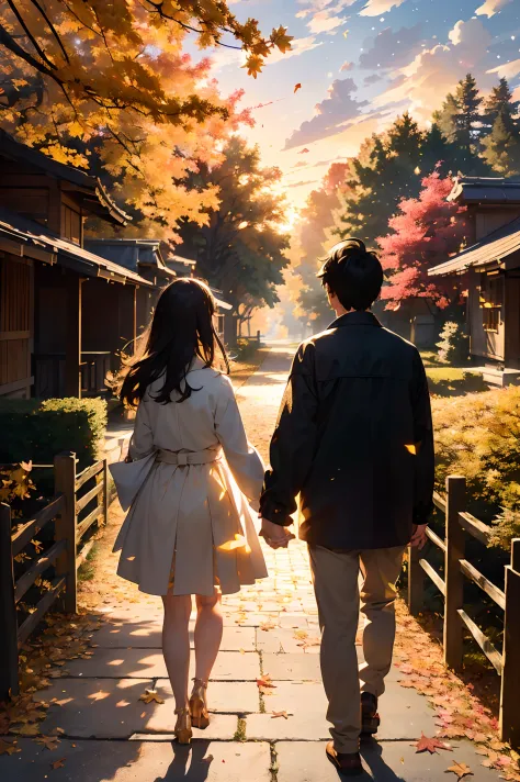 masterpiece, best quality, ultra-detailed, beautiful illustration, the back of a couple holding hands, sunset, glow, diffused li...