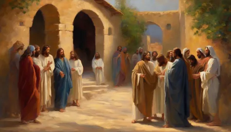 Scene of Jesus Christ and the apostles talking，Biblical related， High quality shadows, High quality of light, High quality clothing, Masterpiece picture quality, max detail, Masterpiece quality.