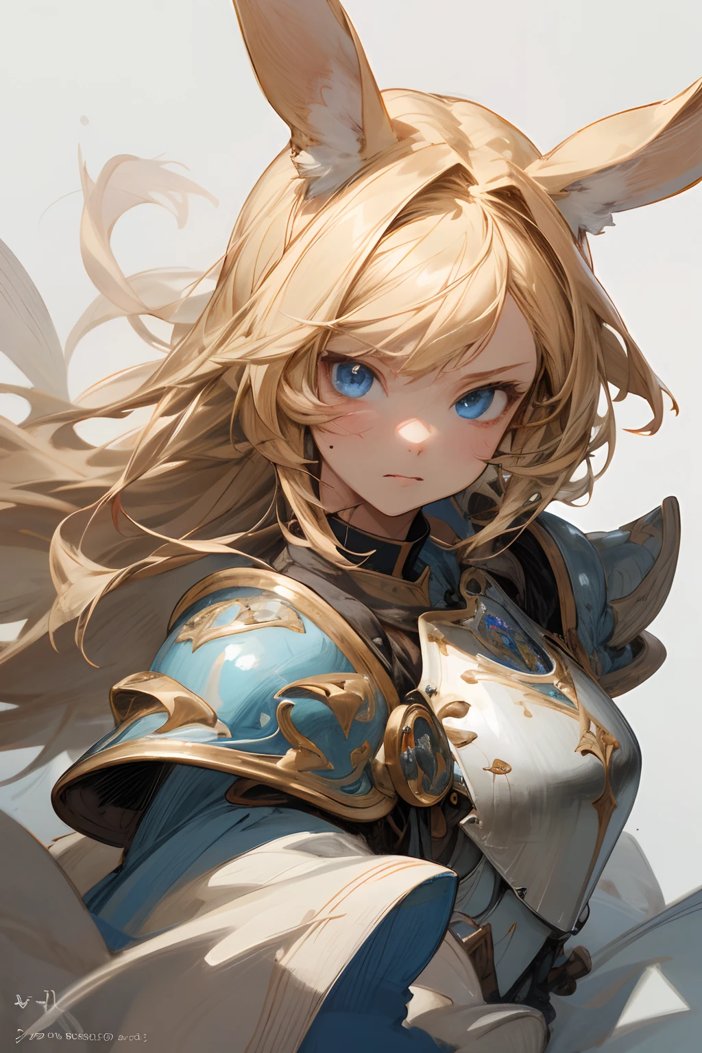 masterpiece, best quality, highres, ultra-detailed, artbook, anime coloring, CG, illustration , fantasy, 1girl, solo, focus, looking at viewer, armor, detailed beautiful face and eyes, floating hair, simple background, illustration, photorealistic, beautifully drawn, vivid color, blond hair, blue eyes, rabbit ears, portrait, painting, anger