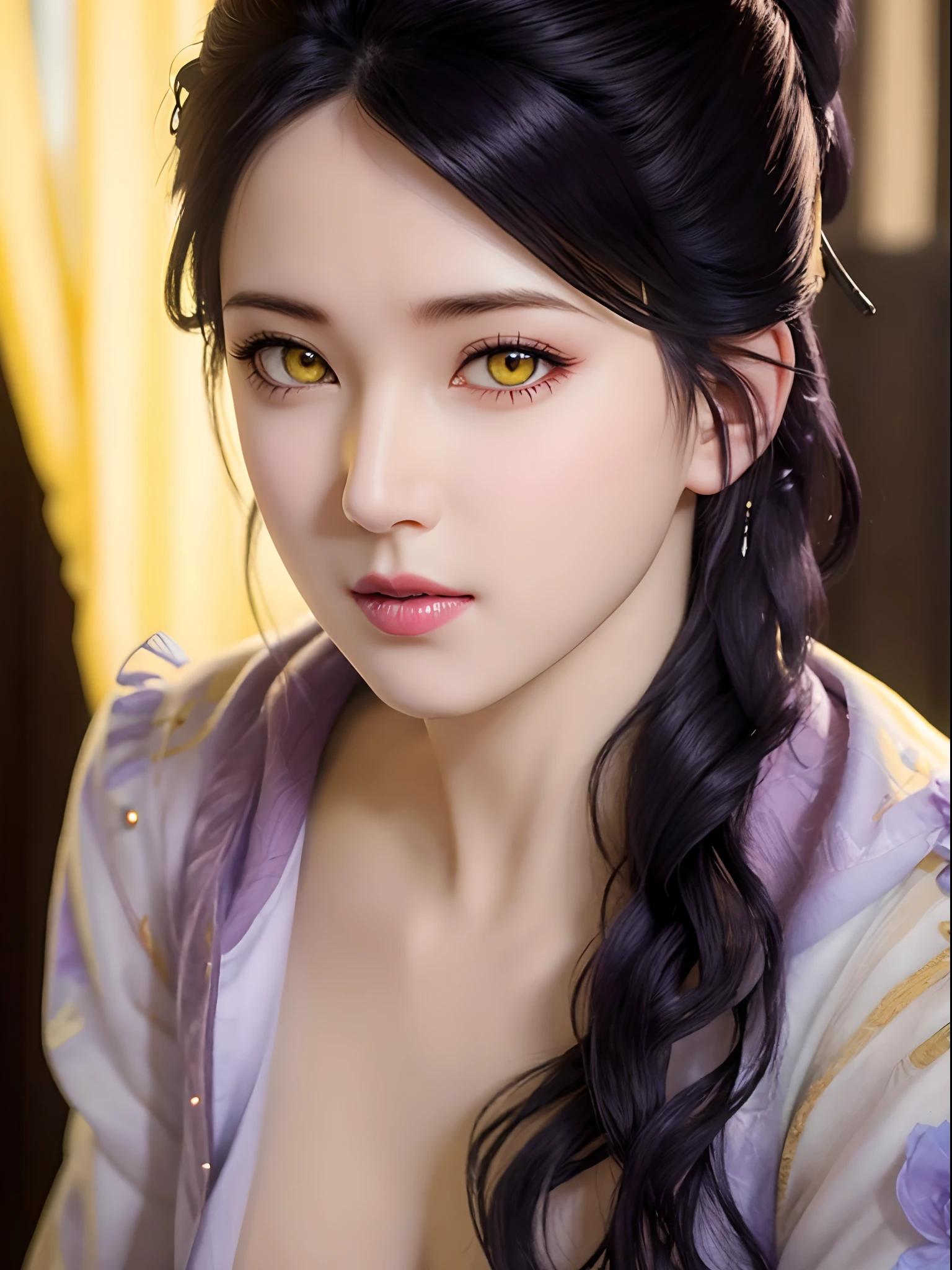 (hyperrealistic), (illustration), (high resolution), (8K), (extremely detailed), (best illustration), (beautiful detailed eyes), (best quality), (ultra-detailed), (masterpiece), (wallpaper), (photorealistic), (natural light), (rim lighting), (detailed face), (high detailed realistic skin texture), (anatomically correct), (solo), (1 girl), (high detailed realistic hair), (purple black hair:1.35), (heterochromic eyes), (detailed eyes), (yellow eyes:1.37), (sparkling eyes), (realistic big breasts:1.5), (nude:1.35), (long legs), (slender abs), (dynamic pose), (closed tiny mouth:1.3), nsfw, concentrated expression, upon body