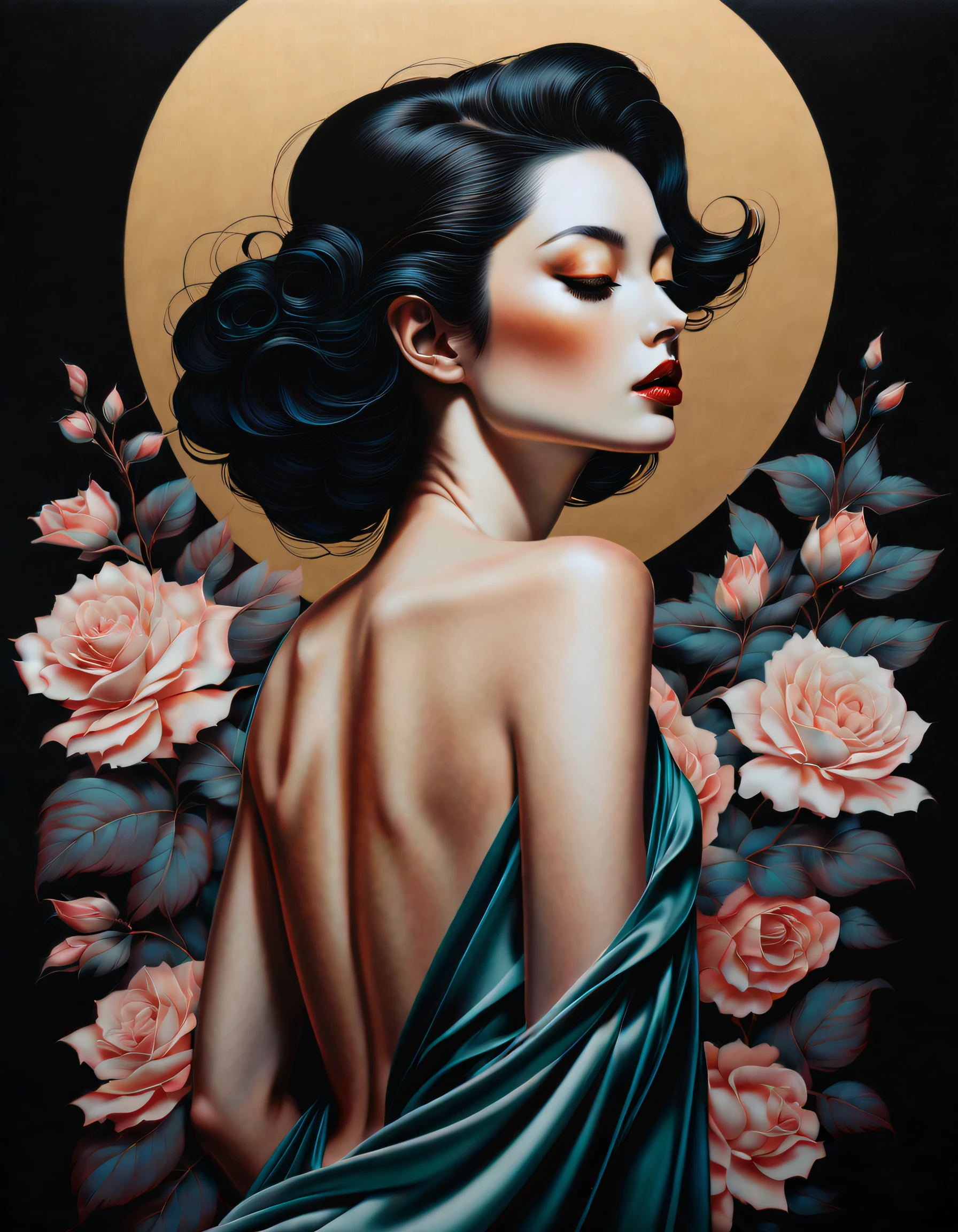 chiaroscuro technique on sensual illustration of an elegant woman, vintage ,silky eerie, matte painting, by Hannah Dale, by Harumi Hironaka, extremely soft colors, vibrant, pastel, highly detailed, digital artwork, high contrast, dramatic, refined, tonal, golden ratio