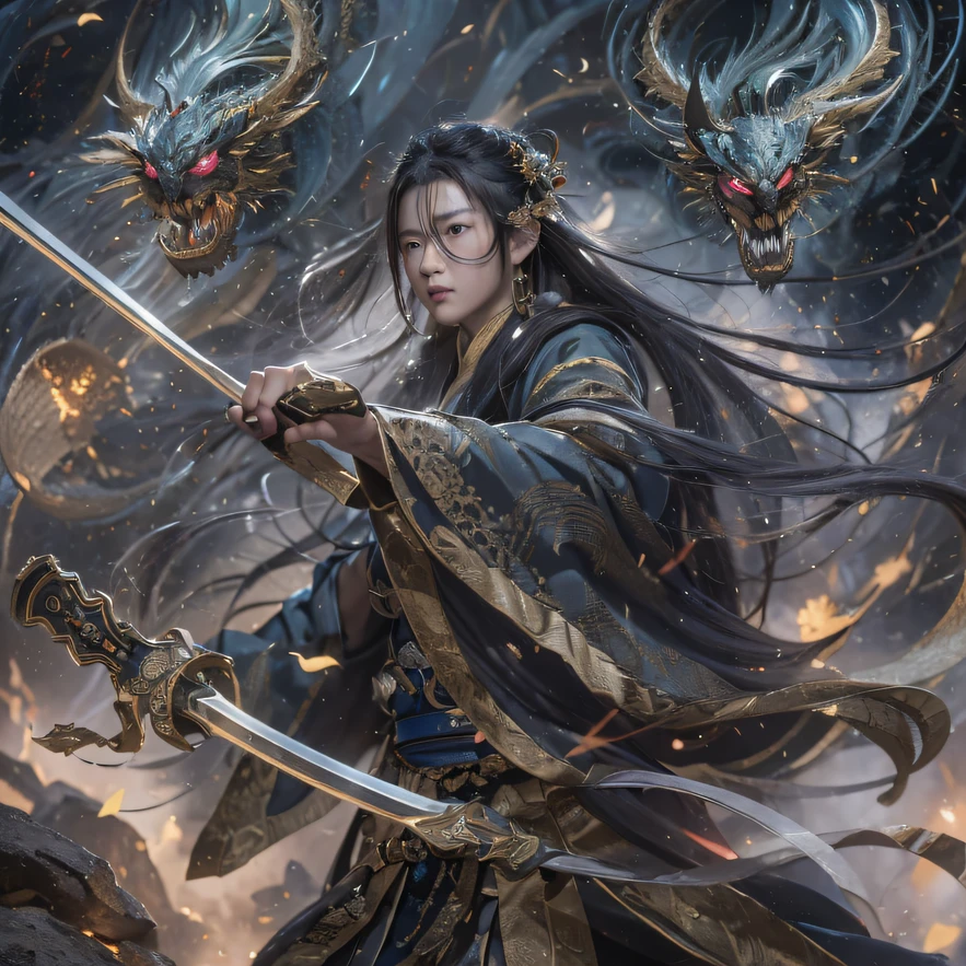 Qin Yu flew into the Immortal Demon Realm, Chance encounter with Liu Hanshu, He saw in him his former self, It was decided to take him as an apprentice, Teach him how to protect himself, But because of the Tibetan star map, He established relationships with the Liu family and the Jade Sword Sect, It opens with the death of Liu Hanshu, Qin Yu embarked on the road of confrontation with a strong enemy, Working hard, Make yourself stronger, Stick to your own core path of justice, I also want to protect the people I care about, The three brothers took off, And embarked on a long journey to find a good brother, Qin Yu, Where are Xiao Hei and Hou Fei（canyons）Climb the streets（Doomsday Stream）eyes filled with angry，He clenched his fists，Rush up，Deliver a fatal blow to your opponent，full bodyesbian，Full Body Male Mage 32K（Masterpiece Canyon Ultra HD）Long flowing black hair，Campsite size，zydink， The wounded lined up in the streets（canyons）Climb the streets， The scene of the explosion（canyons）， （Linen batik scarf）， Angry fighting stance， looking at the ground， Batik linen bandana， Chinese python pattern long-sleeved garment， canyons（Abstract propylene splash：1.2）， Dark clouds lightning background，Flour flies（realisticlying：1.4），Black color hair，Flour fluttering，rainbow background， A high resolution， the detail， RAW photogr， Sharp Re， Nikon D850 Film Stock Photo by Jefferies Lee 4 Kodak Portra 400 Camera F1.6 shots, Rich colors, ultra-realistic vivid textures, Dramatic lighting, Unreal Engine Art Station Trend, cinestir 800，Flowing black hair,（（（Jungle Canyon）））The wounded lined up in the streets（vale）Climb the streets，Movie master live image quality