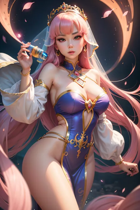 "Generate a charming and enchanting portrayal of Jeannie from 'I Dream of Jeannie,' reimagined as an anime character. Visualize Jeannie with vibrant, large anime-style eyes, sporting a whimsical and intricate anime costume with magical elements. Her charac...