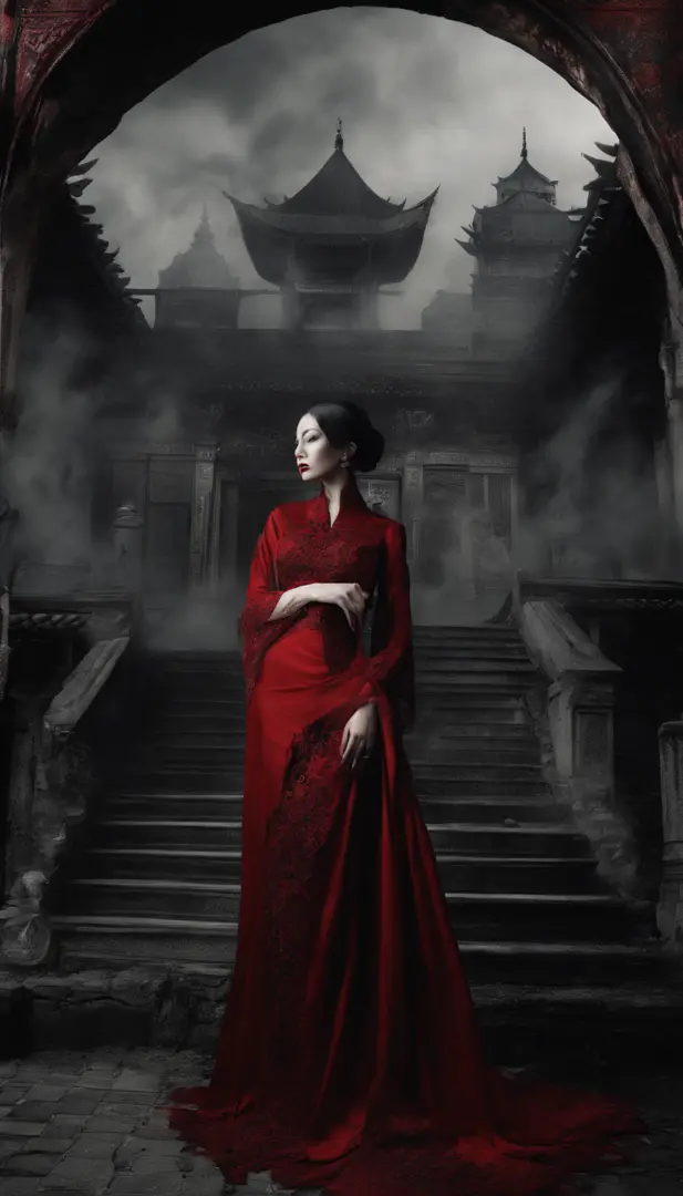 (best quality, masterpiece, surreal, ultra-high resolution, (realistic:1.4), traditional oriental house in the background, broken, cracked, detailed facial features, 1 oriental girl, red dress, wedding gown, red veil, (ethereal smoke:1.2), upper body, beau...