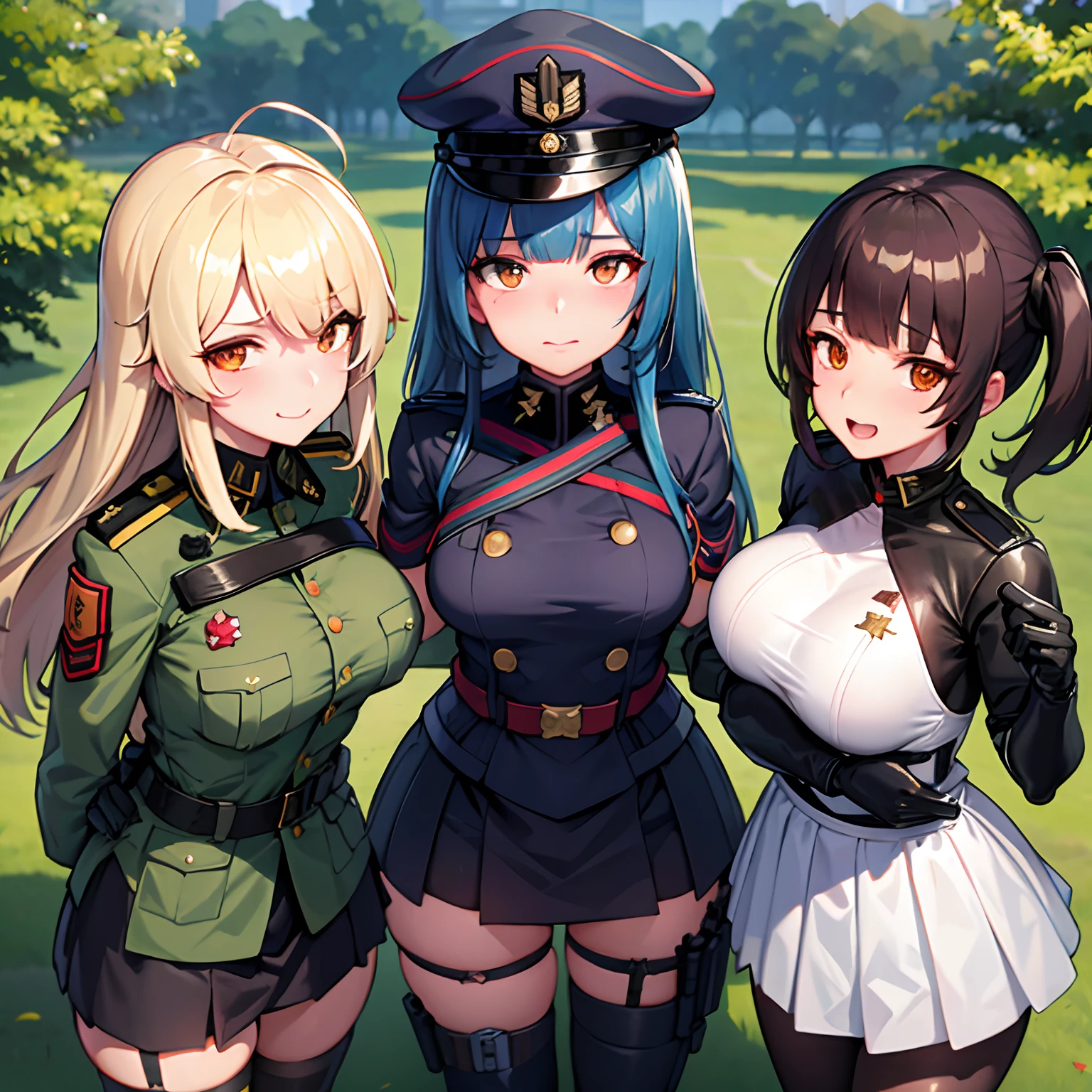 Three anime girls in uniform posing for a picture in a field - SeaArt AI