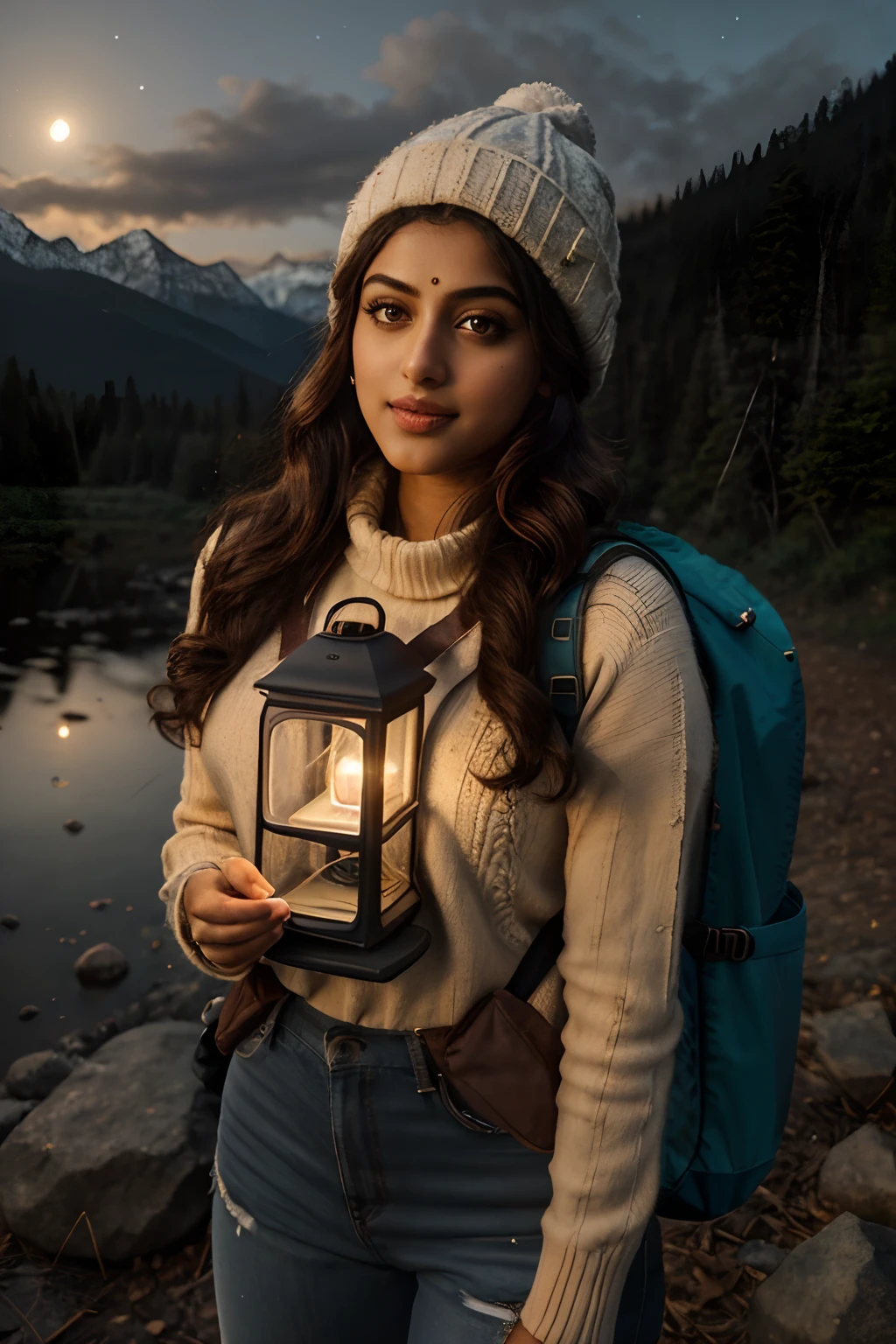 Anu Emmanuel indian actress , ((upper body selfie, happy)), masterpiece, best quality, ultra-detailed, ground, outdoor, (night), mountains, nature, (stars, moon) cheerful, happy, backpack, bag sleeping, camping stove, water bottle, mountain boots, gloves, sweater, hat, lantern, forest, stones, river, wood, smoke, shadows, contrast, clear sky, style, (warm hue, warm tone)