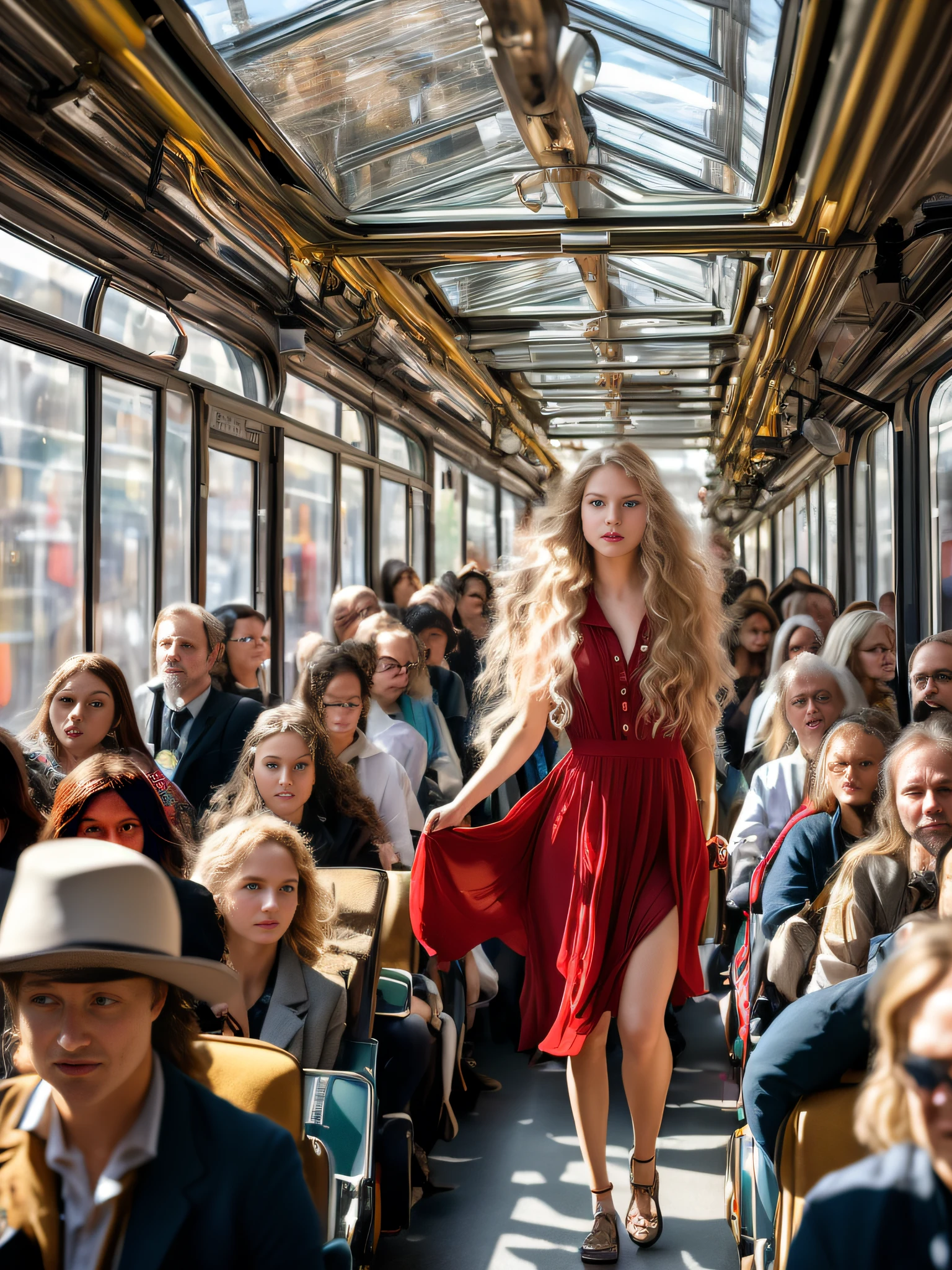 (best quality,8k,HDR:1.2),ultra-realistic,beautiful well-proportioned woman riding on a train standing in the middle of a crowd,depth of field,perfect face, perfect hands,hyper definition, vibrant colors,long golden hair flowing in the wind,sparkling green eyes,rosy cheeks,delicate eyelashes,lustrous lips,wearing a stylish red dress,conﬁdent and graceful posture,engrossed in a book,people around her wearing diverse clothing and expressions in a busy train station,sunlight streaming through the windows,casting warm rays of light on the scene