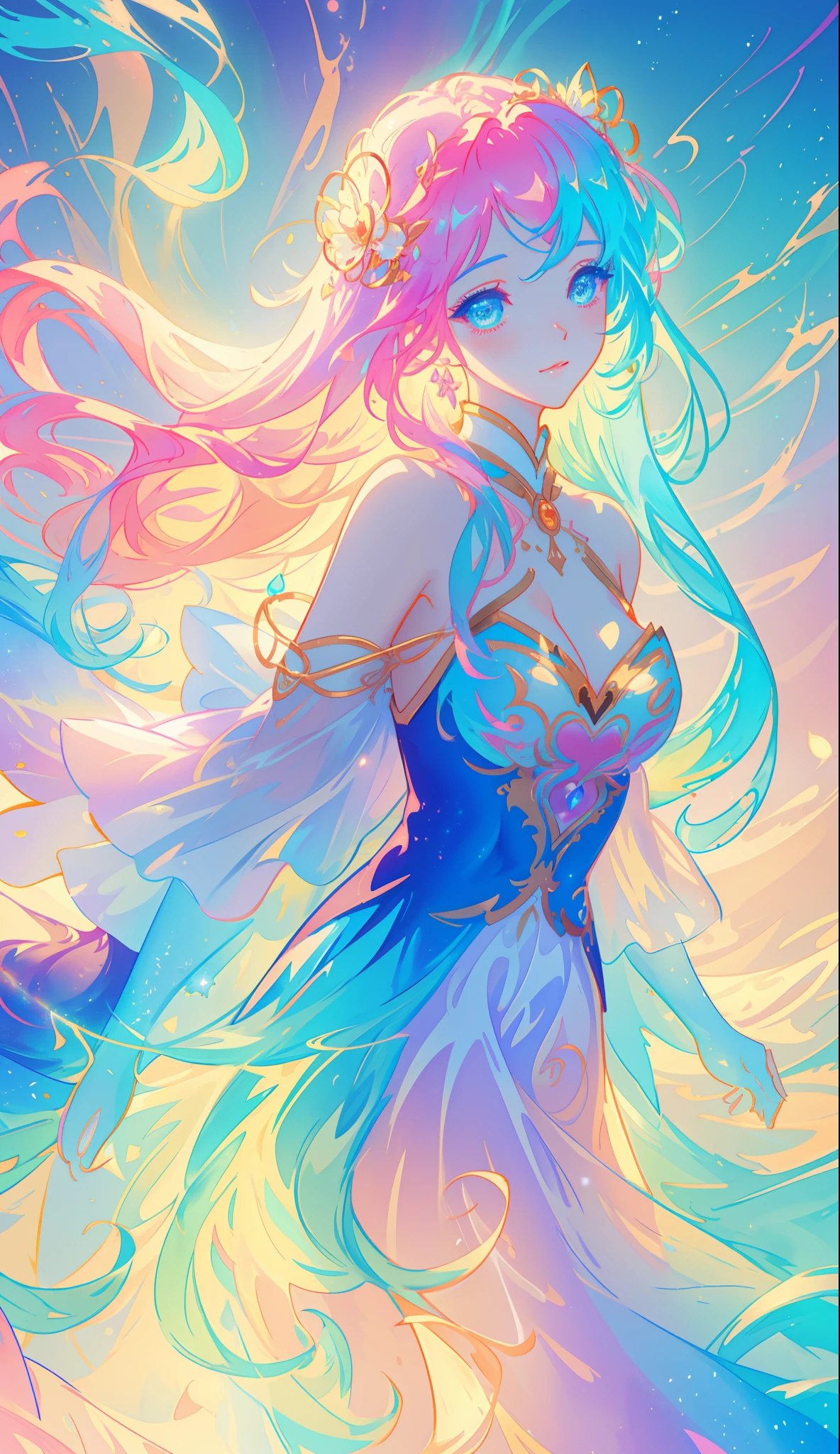 beautiful girl, puffy tiered ballgown, vibrant pastel colors, (colorful), glowing golden long hair, magical lights, sparkling magical liquid, inspired by Glen Keane, inspired by Lois van Baarle, disney art style, by Lois van Baarle, glowing aura around her, by Glen Keane, jen bartel, glowing lights! digital painting, flowing glowing hair, glowing flowing hair, beautiful digital illustration, fantasia background, whimsical, magical, fantasy, ((beautiful face)), ((masterpiece, best quality)), intricate details, highly detailed, sharp focus, 8k resolution, sparkling detailed eyes, liquid watercolor