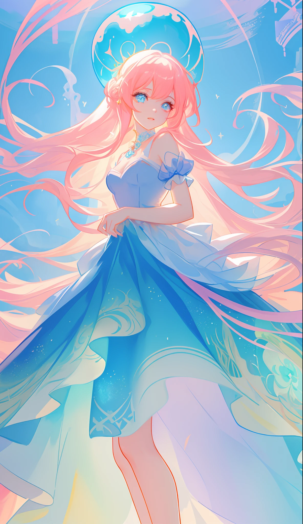 beautiful girl, puffy tiered ballgown, vibrant pastel colors, (colorful), glowing golden long hair, magical lights, sparkling magical liquid, inspired by Glen Keane, inspired by Lois van Baarle, disney art style, by Lois van Baarle, glowing aura around her, by Glen Keane, jen bartel, glowing lights! digital painting, flowing glowing hair, glowing flowing hair, beautiful digital illustration, fantasia background, whimsical, magical, fantasy, ((beautiful face)), ((masterpiece, best quality)), intricate details, highly detailed, sharp focus, 8k resolution, sparkling detailed eyes, liquid watercolor