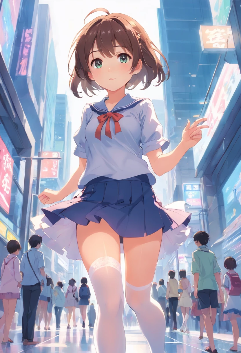 Chica anime con uniforme escolar caminando por una calle muy transitada. -  SeaArt AI