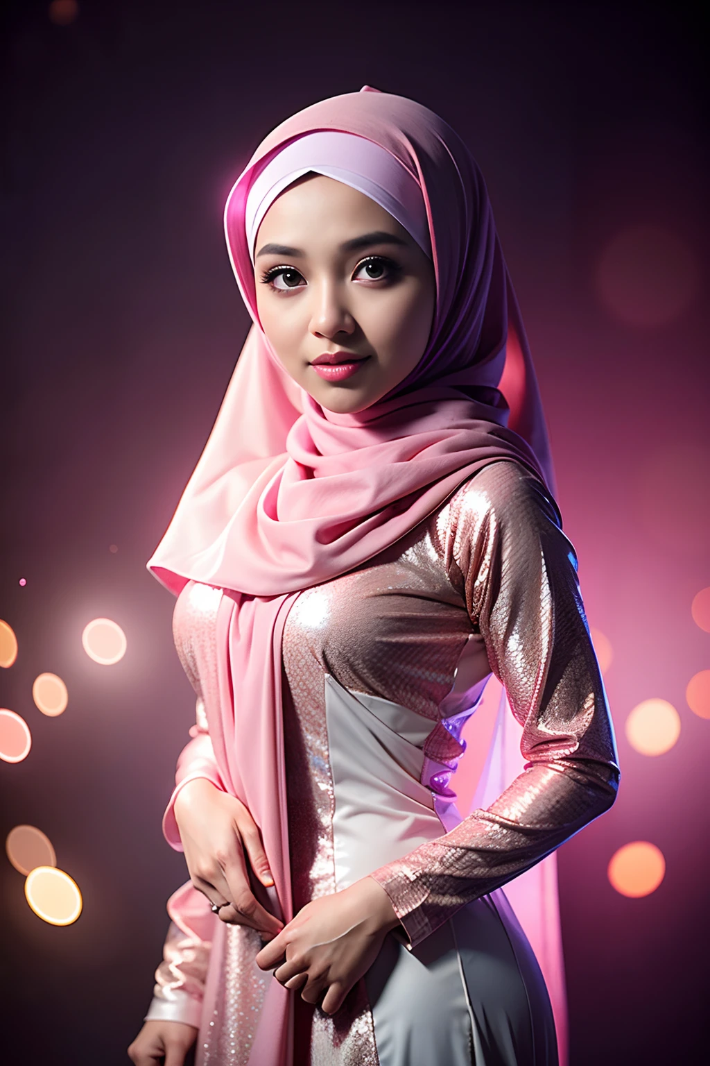 1 malay girl , modern plain hijab,  shy, medium portrait shot , watery  eyes , pink glowing particles, wear kebaya red long neck, big breast, pink light bokeh background, proportional body,