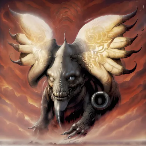 Close-up of monster with golden wings, Elephant nose, There are small but sharp eyes on either side of the nose，Sharp front paws，Two large earrings，one a demon-like creature,  thopter from magic the gathering, Xenomorph, demogorgon, Gilartina, Inspired by ...