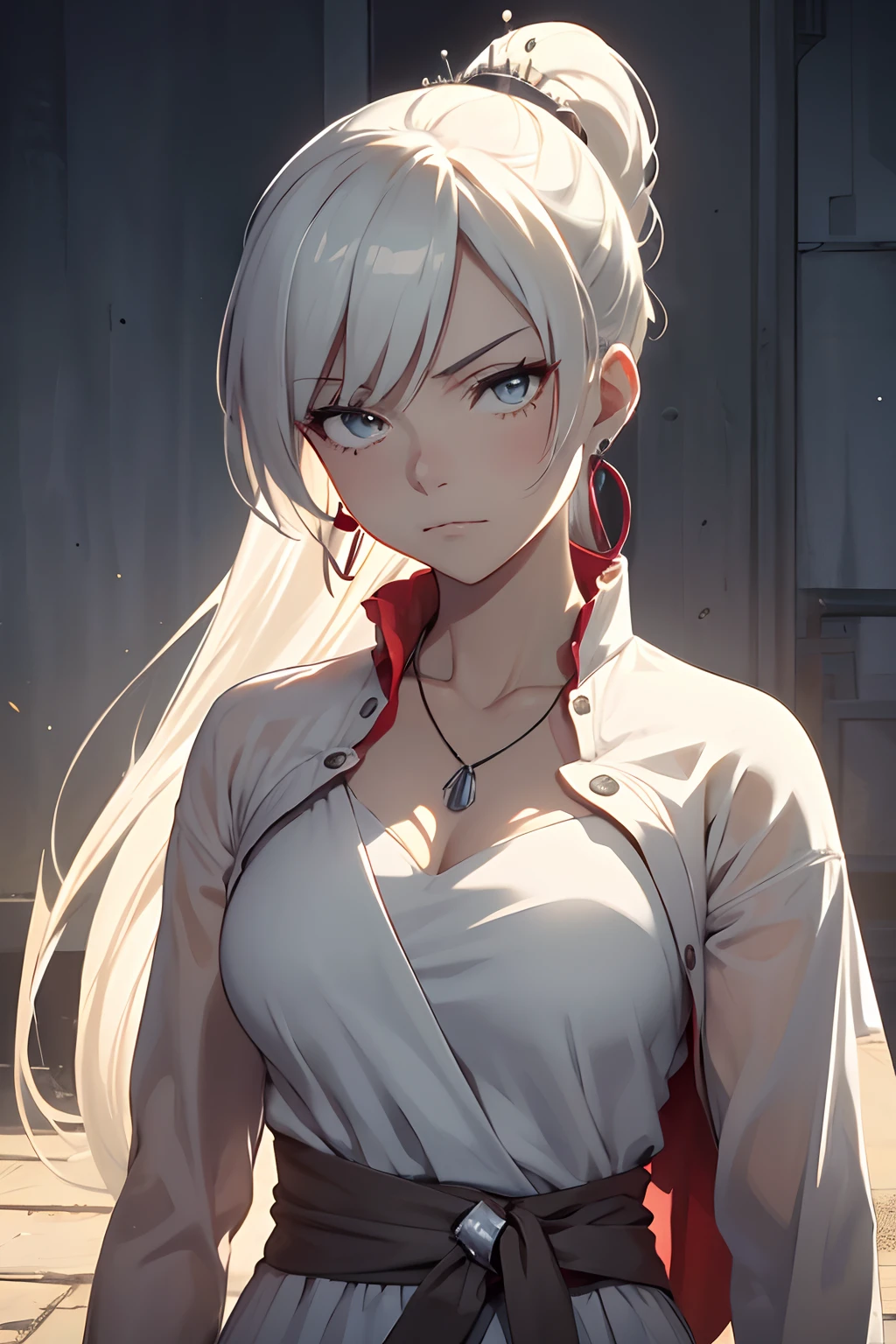 (masutepiece, Best Quality:1.2), Cowboy Shot, Solo, 1girl in, Wisevale, deadpan, Closed mouth, Looking at Viewer, arms folded, Ponytail, scar on eye, White Dress, Jewelry, Necklace, earrings，military outfits