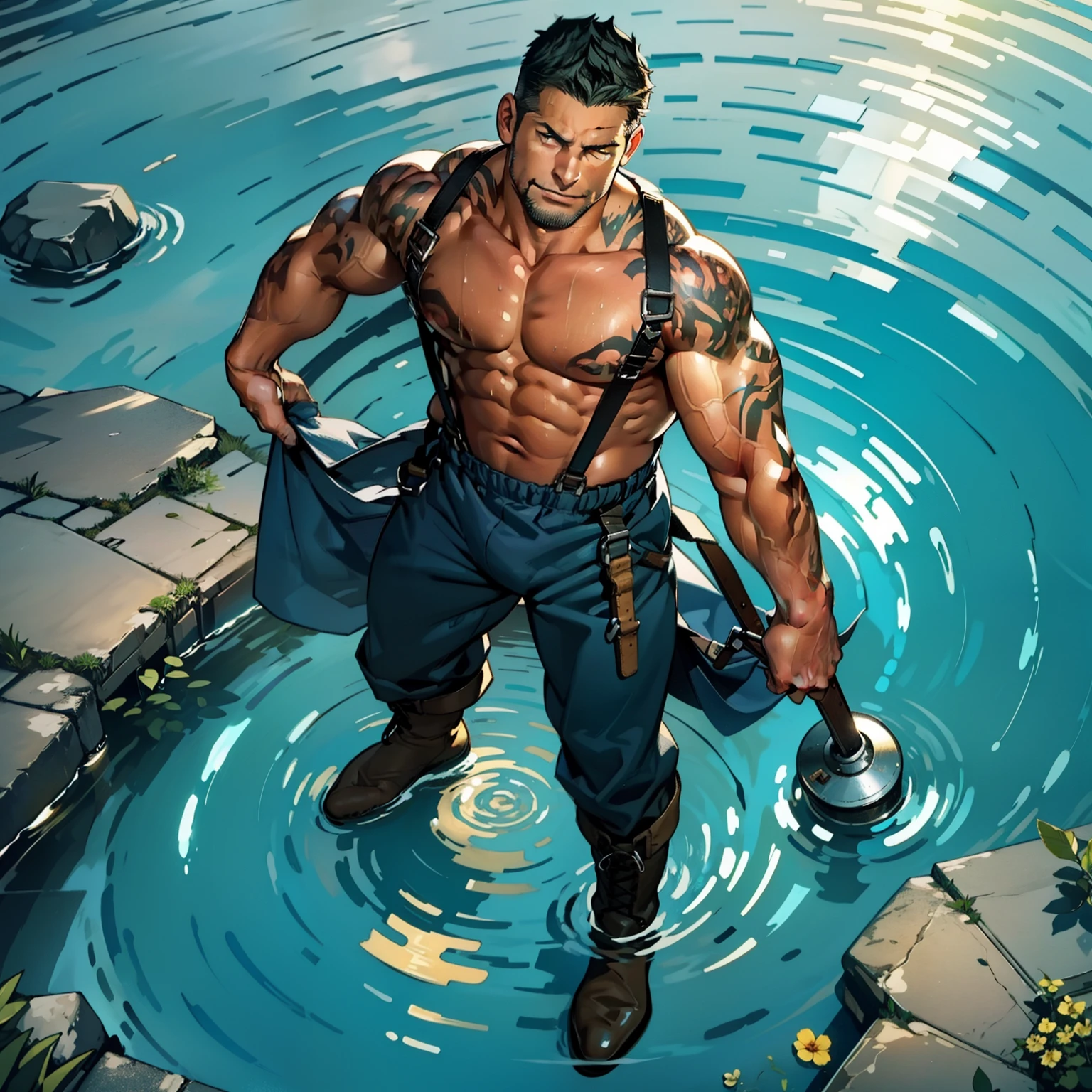 A close up of a man with a sword in a body of water - SeaArt AI