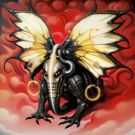 Close-up of monster with golden wings, Elephant nose, There are small but sharp eyes on either side of the nose，No mouth，Sharp front paws，Two large earrings，one a demon-like creature, thopter from magic the gathering, Xenomorph, demogorgon, Gilartina, Insp...