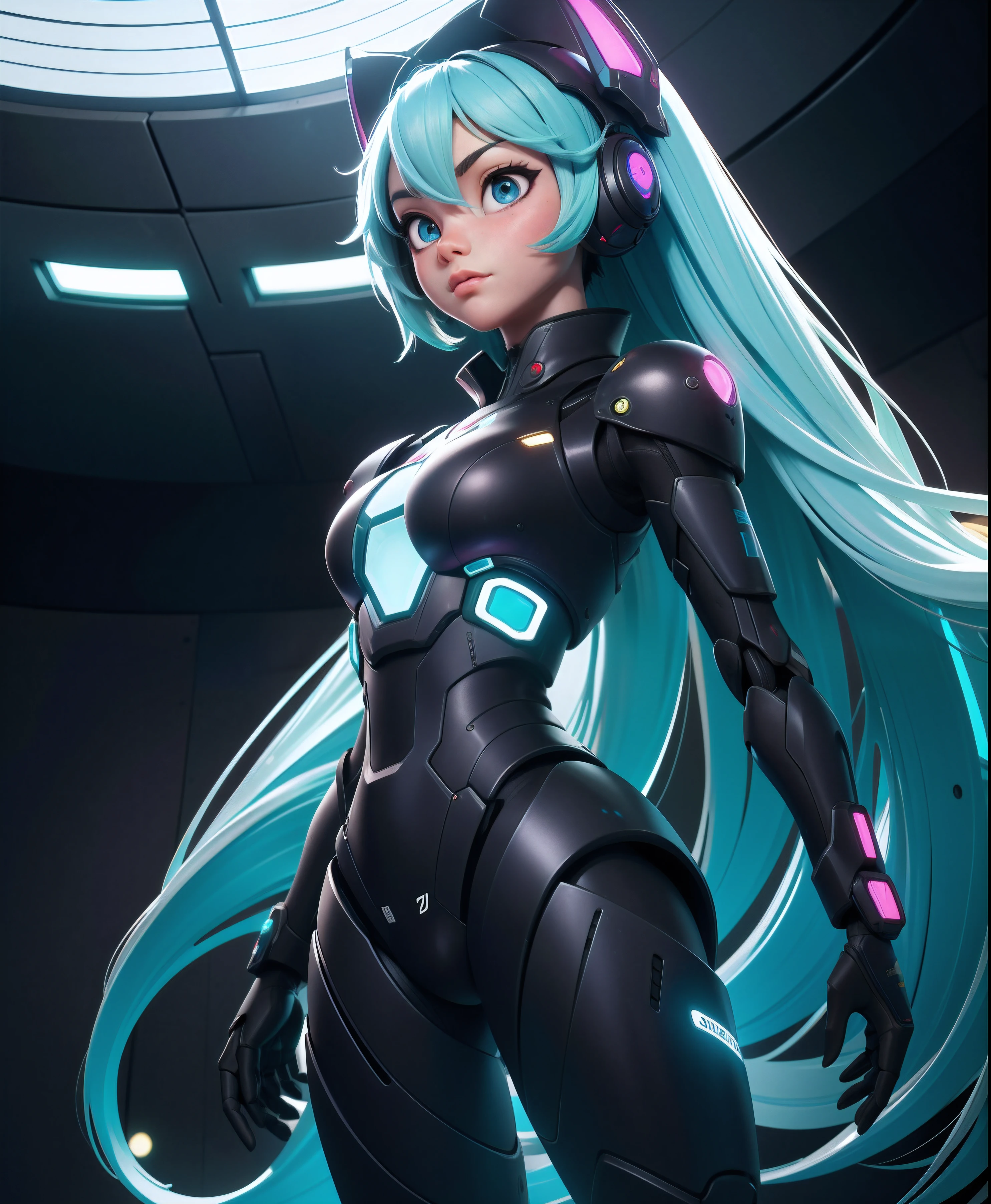 cgmech, beaux yeux, haut du corps, Bas de la poitrine,  portrait, robot, Armure, Hatsune Miku, Néon, 8k, .brut, meilleure qualité, partie maîtresse, ultra haute résolution, coloré, (plan moyen large), (perspective dynamique), netteté , (Profondeur de champ, bokeh:1.3), yeux et visage extrêmement détaillés, beaux yeux détaillés,gros seins,(or noir, équipement garni:1.2),(Dans une usine d&#39;armes futuriste:1.2), ((partie maîtresse, meilleure qualité)), Contexte détaillé, Intérieur du vaisseau spatial