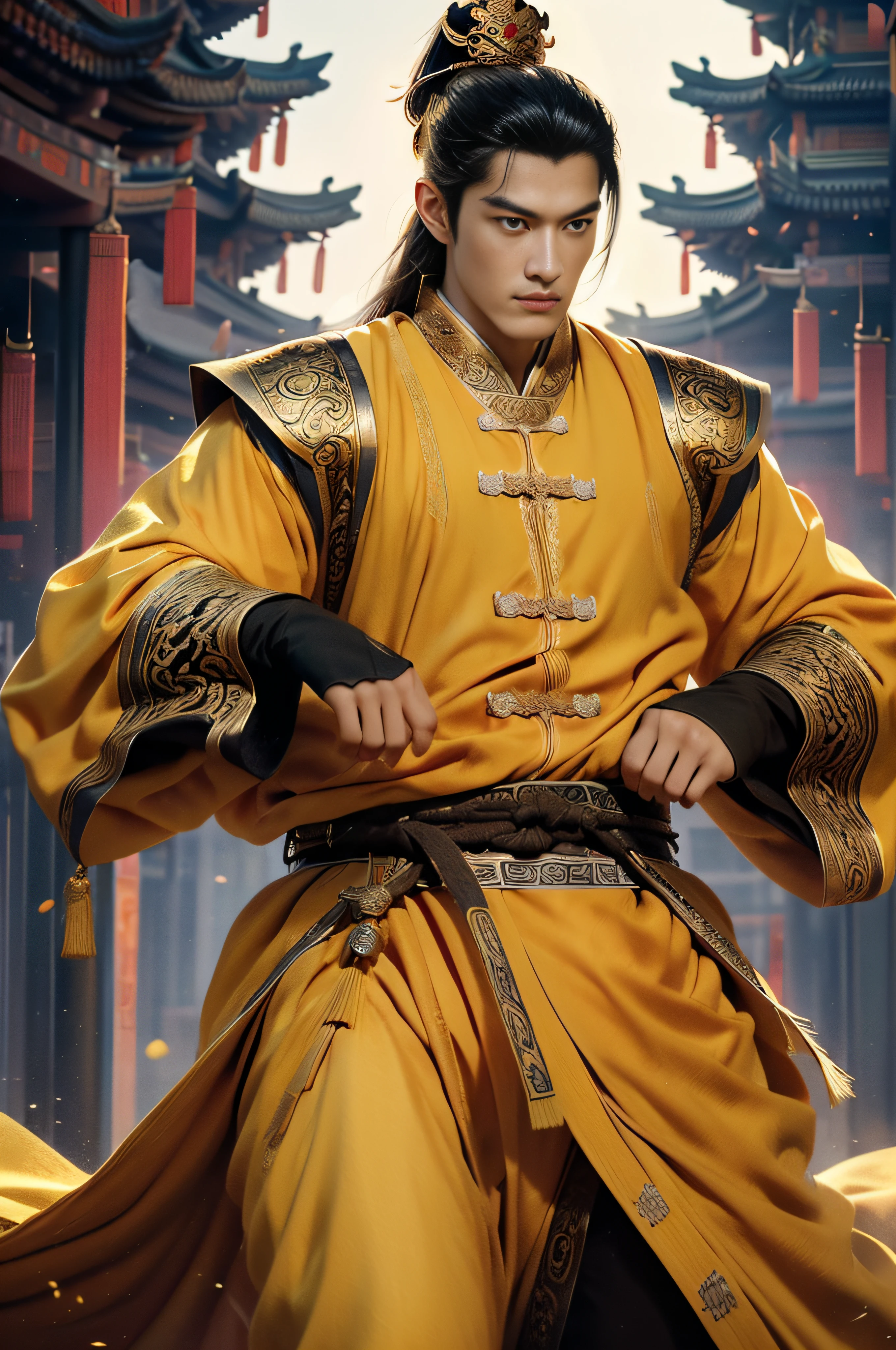 Obra-prima épica em CG, Imperador da Dinastia Tang da China,Autor：Guopei artes marciais,bonito, A maior masculinidade, coroa reta, vestes douradas, fundo do palácio, dinastia Tang, real, poses dinâmicas, Cores deslumbrantes, Renderização 3D de, surrealismo, efeitos de iluminação cinematográfica, Realismo, 00 renderizador, super realista,