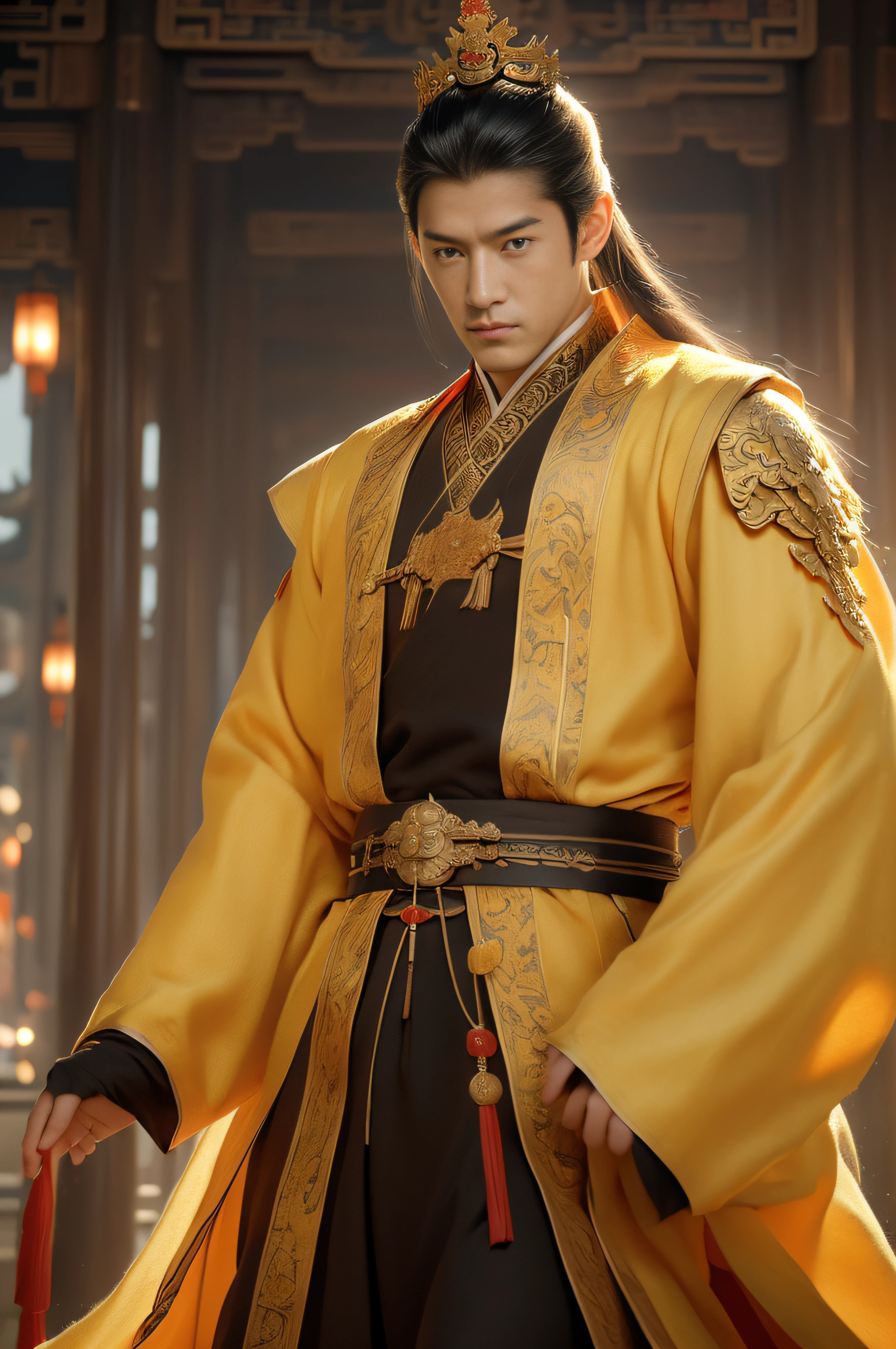 Epic CG masterpiece, Emperor of the Tang Dynasty of China,author：Guopei martial arts,Handsome, The greatest manhood, Straight crown, Golden robes, palace background, Tang dynasty, royal, dynamicposes, Stunning colors, 3D rendering of, surrealism, Cinematic lighting effects, Realism, 00 Renderer, Super realistic,